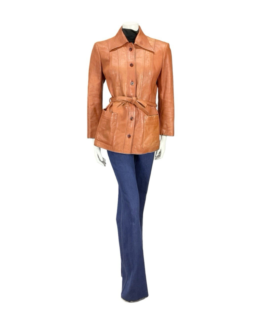 VTG 70S ORANGE TAN RUSTY MOD WINGED DAGGER COLLAR TIE WAIST LEATHER JACKET 12