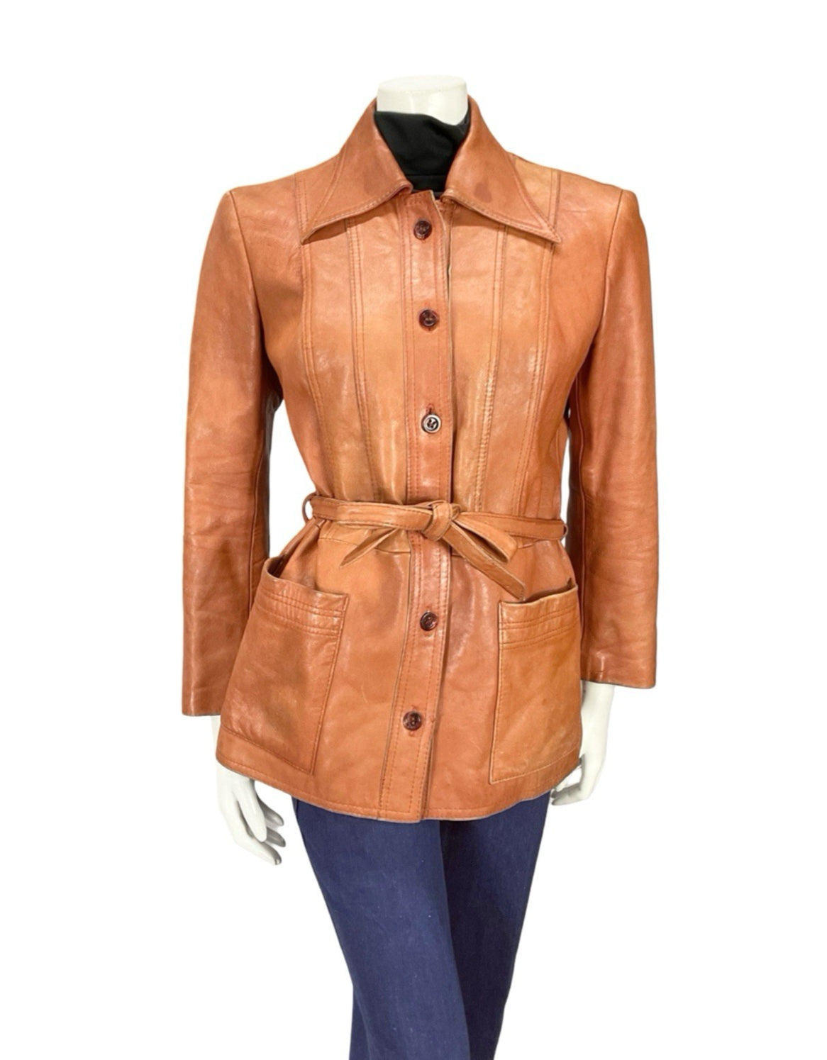VTG 70S ORANGE TAN RUSTY MOD WINGED DAGGER COLLAR TIE WAIST LEATHER JACKET 12