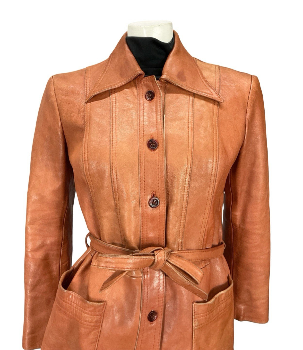 VTG 70S ORANGE TAN RUSTY MOD WINGED DAGGER COLLAR TIE WAIST LEATHER JACKET 12