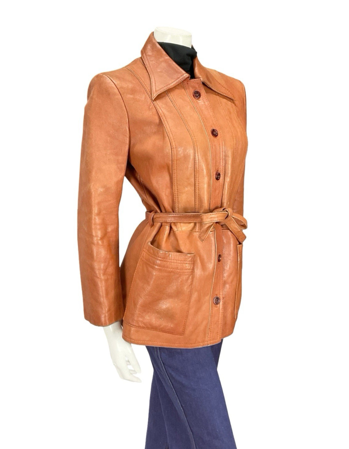 VTG 70S ORANGE TAN RUSTY MOD WINGED DAGGER COLLAR TIE WAIST LEATHER JACKET 12