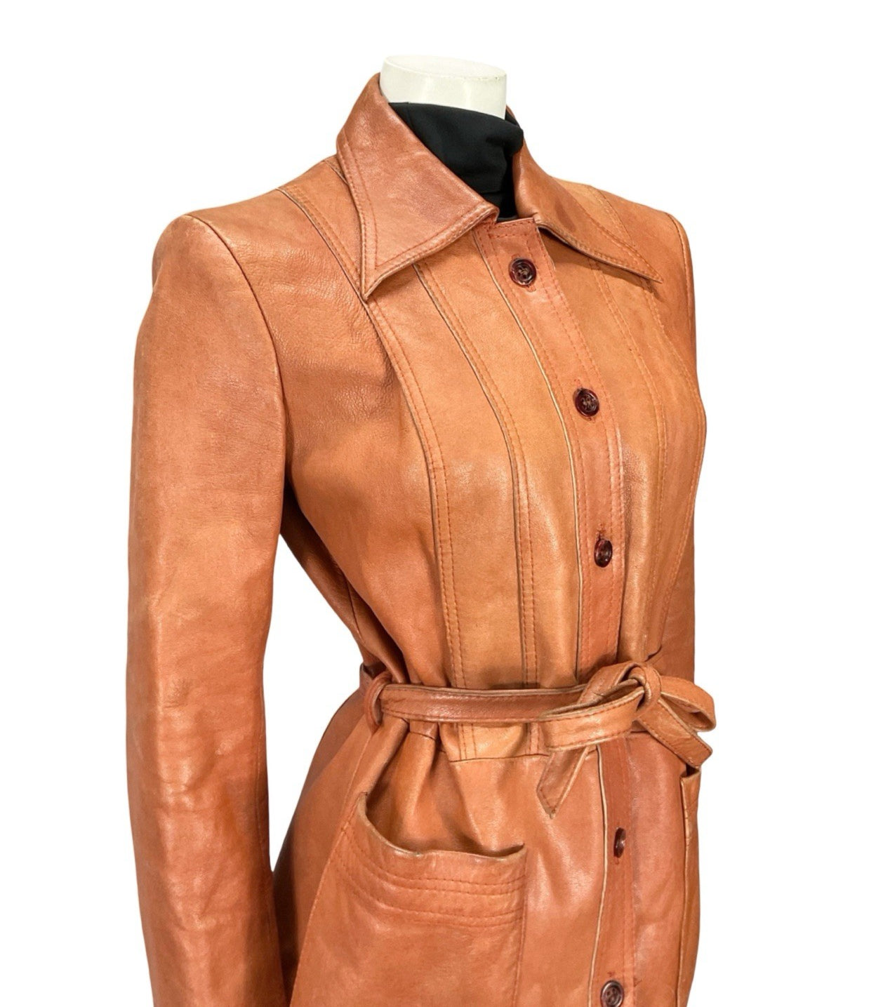 VTG 70S ORANGE TAN RUSTY MOD WINGED DAGGER COLLAR TIE WAIST LEATHER JACKET 12