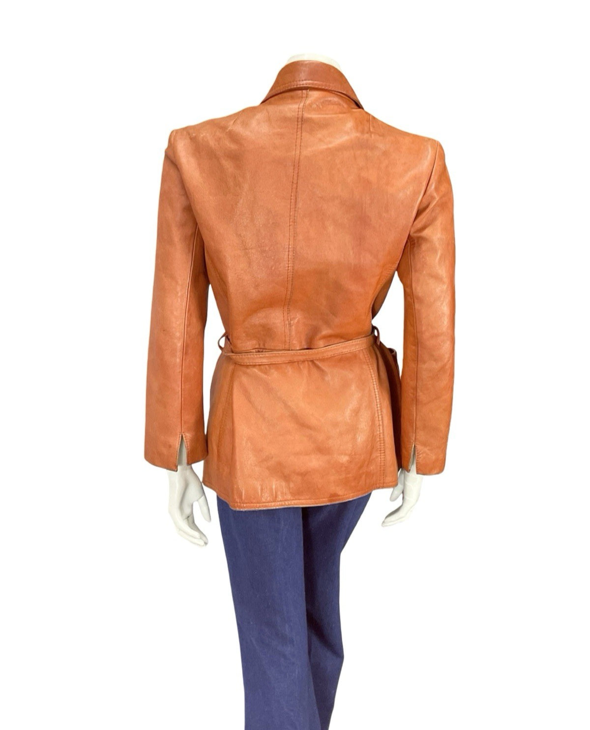VTG 70S ORANGE TAN RUSTY MOD WINGED DAGGER COLLAR TIE WAIST LEATHER JACKET 12