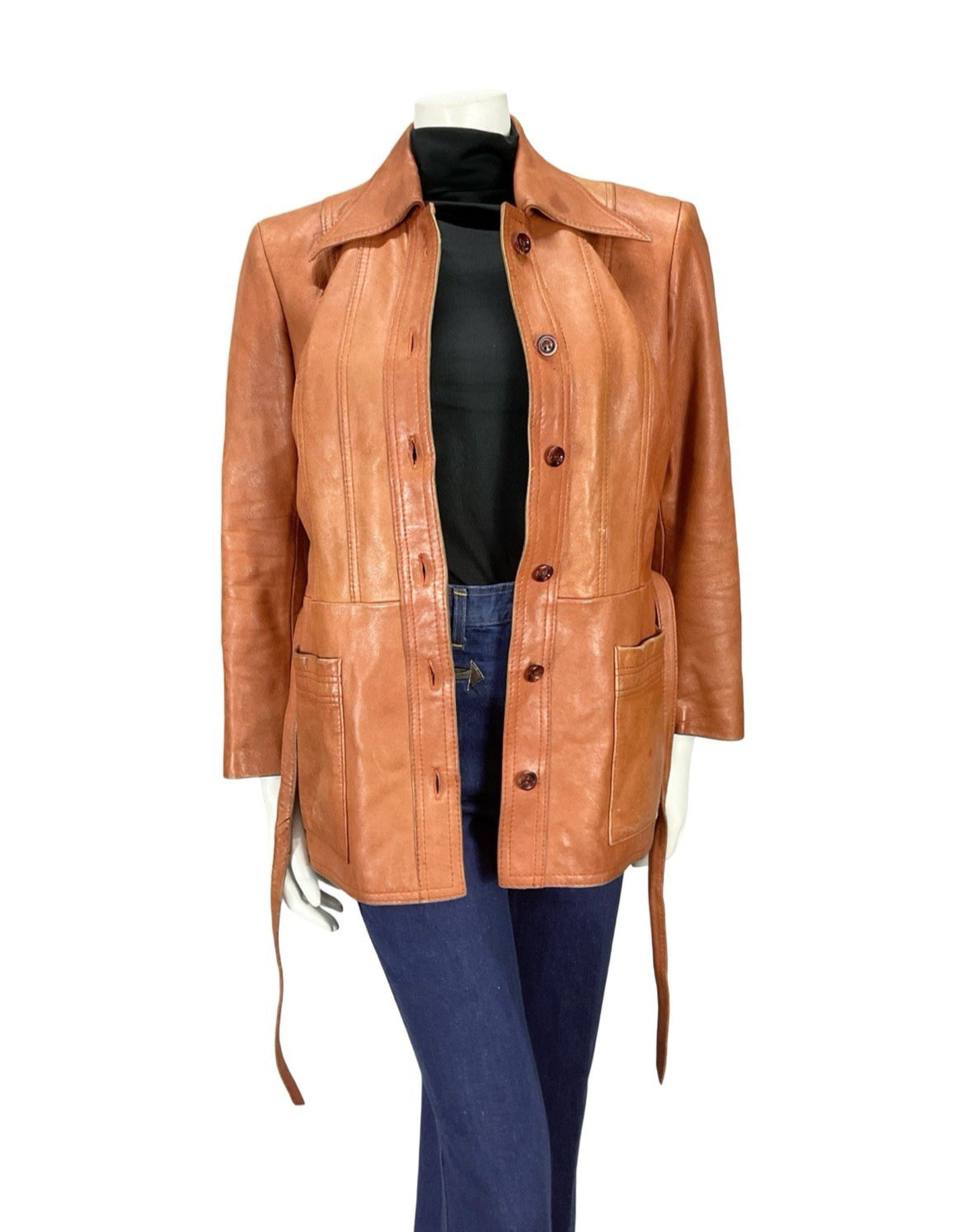 VTG 70S ORANGE TAN RUSTY MOD WINGED DAGGER COLLAR TIE WAIST LEATHER JACKET 12