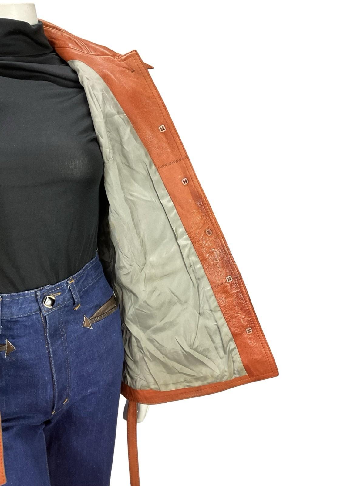 VTG 70S ORANGE TAN RUSTY MOD WINGED DAGGER COLLAR TIE WAIST LEATHER JACKET 12
