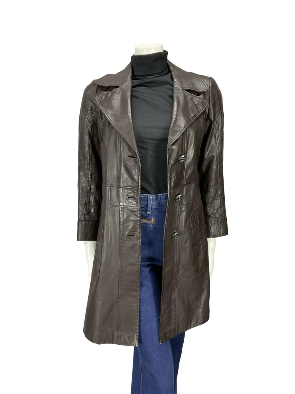 VTG 60S MOD SPACE AGE NOTCH LAPEL GEOMETRIC BROWN LEATHER TRENCH MAC JACKET 10