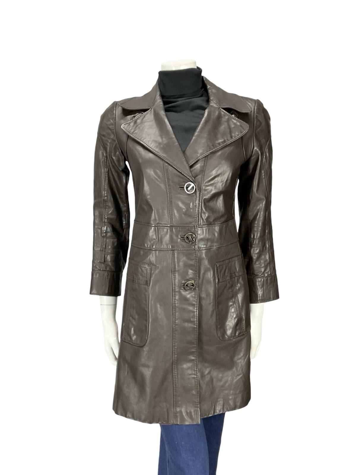 VTG 60S MOD SPACE AGE NOTCH LAPEL GEOMETRIC BROWN LEATHER TRENCH MAC JACKET 10