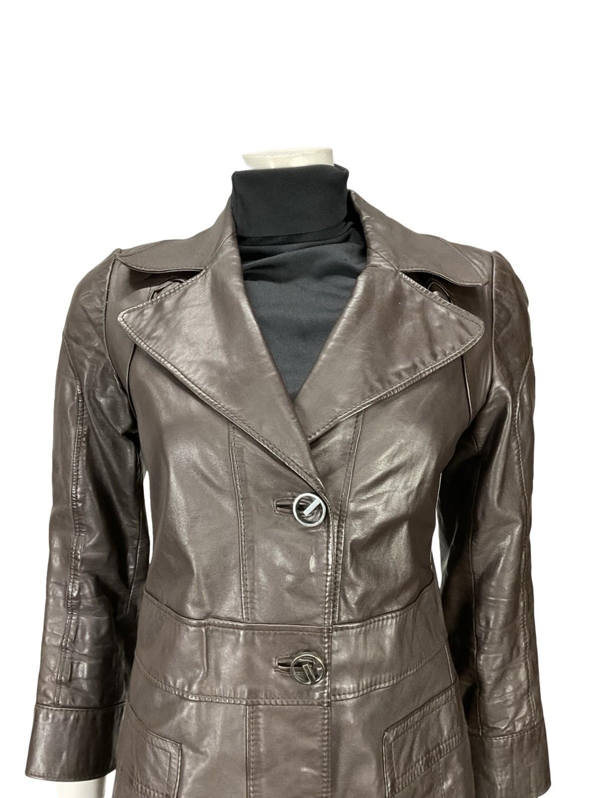 VTG 60S MOD SPACE AGE NOTCH LAPEL GEOMETRIC BROWN LEATHER TRENCH MAC JACKET 10