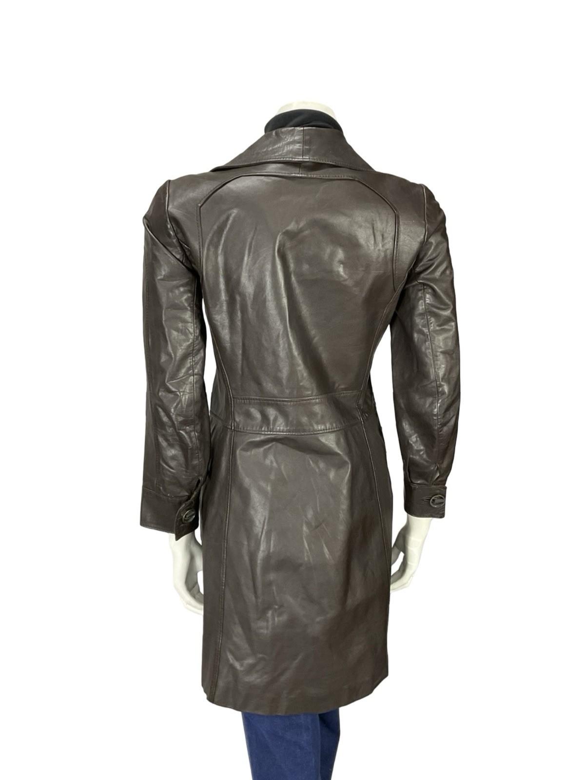 VTG 60S MOD SPACE AGE NOTCH LAPEL GEOMETRIC BROWN LEATHER TRENCH MAC JACKET 10