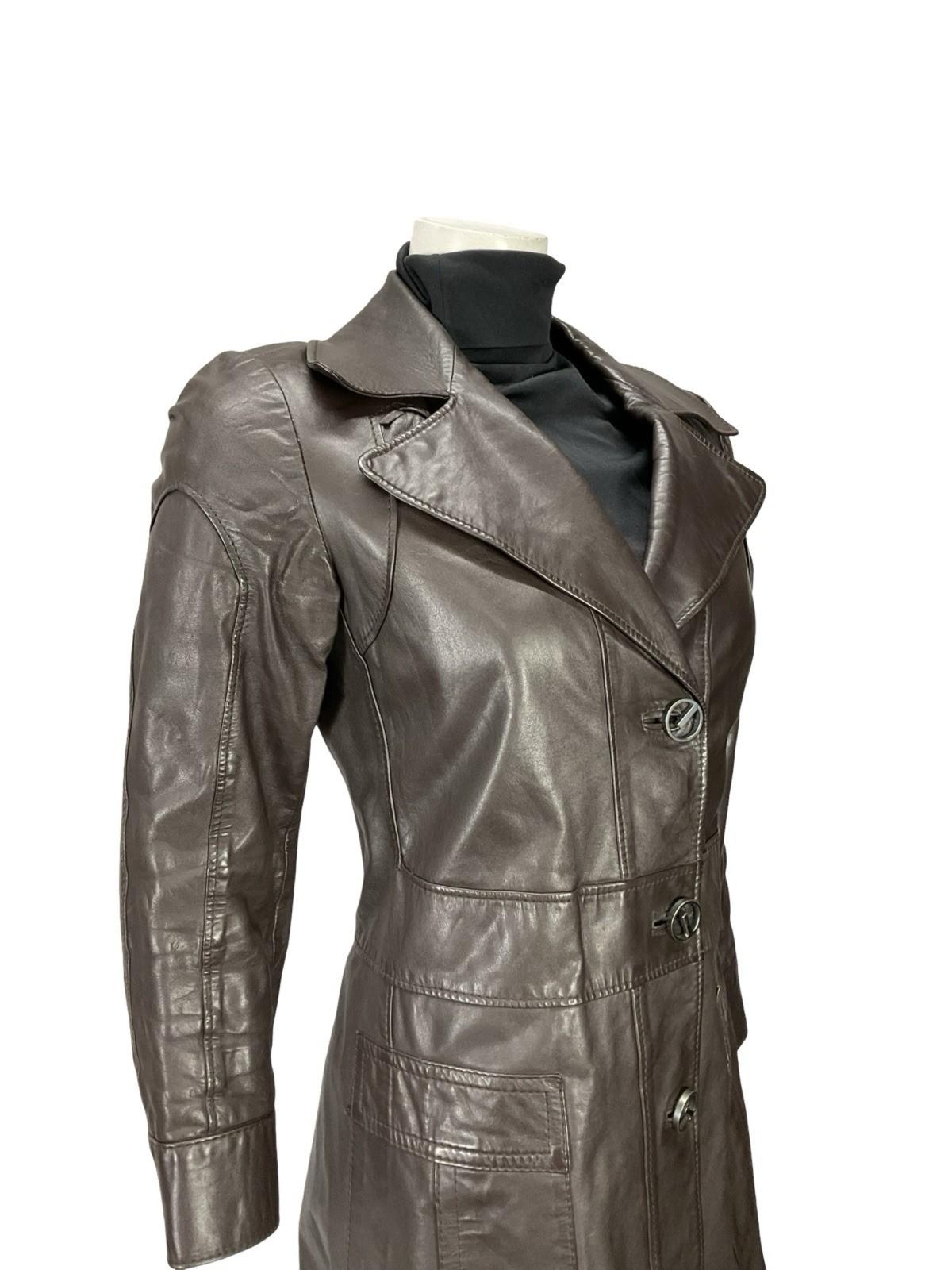 VTG 60S MOD SPACE AGE NOTCH LAPEL GEOMETRIC BROWN LEATHER TRENCH MAC JACKET 10