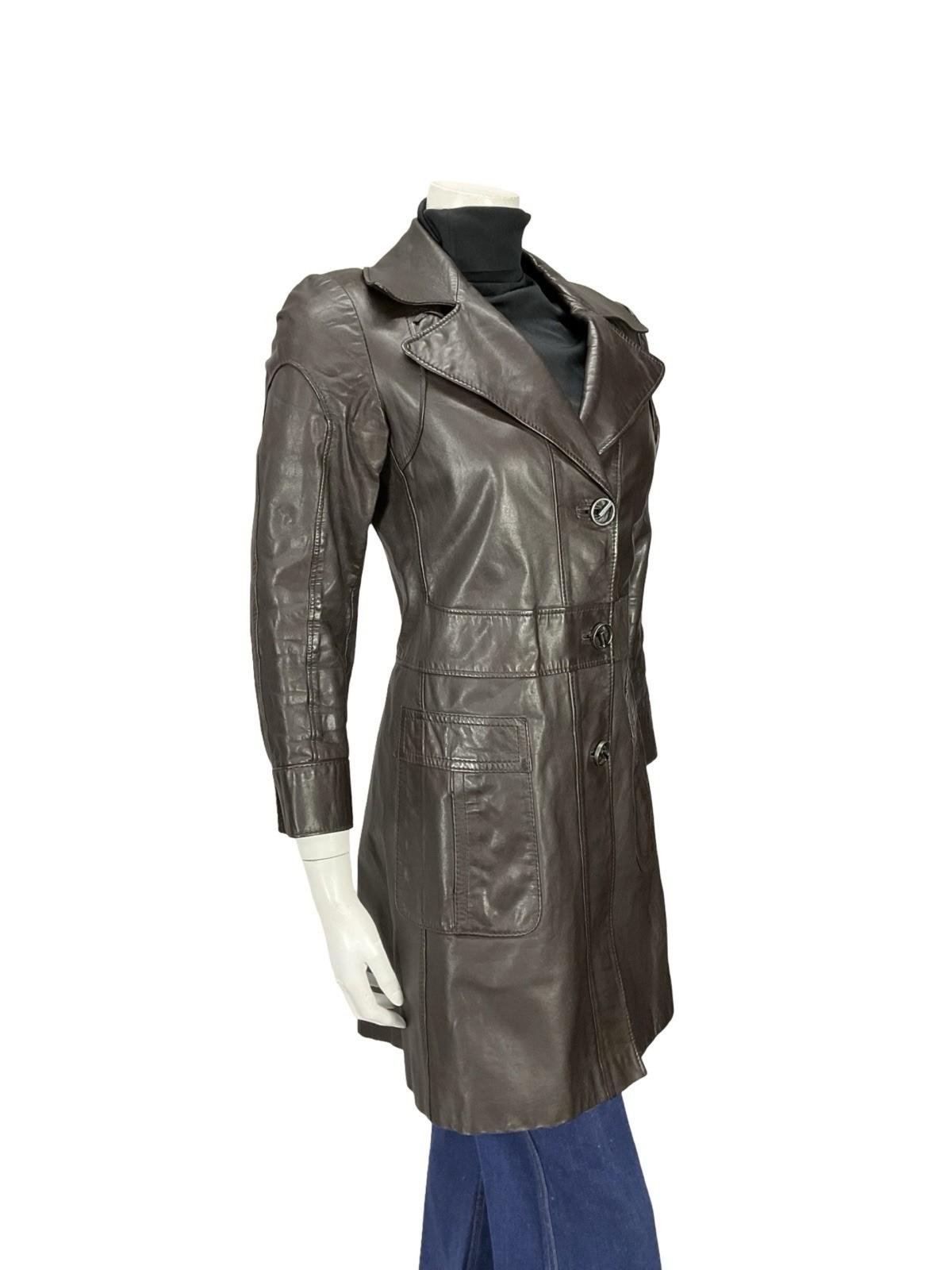 VTG 60S MOD SPACE AGE NOTCH LAPEL GEOMETRIC BROWN LEATHER TRENCH MAC JACKET 10