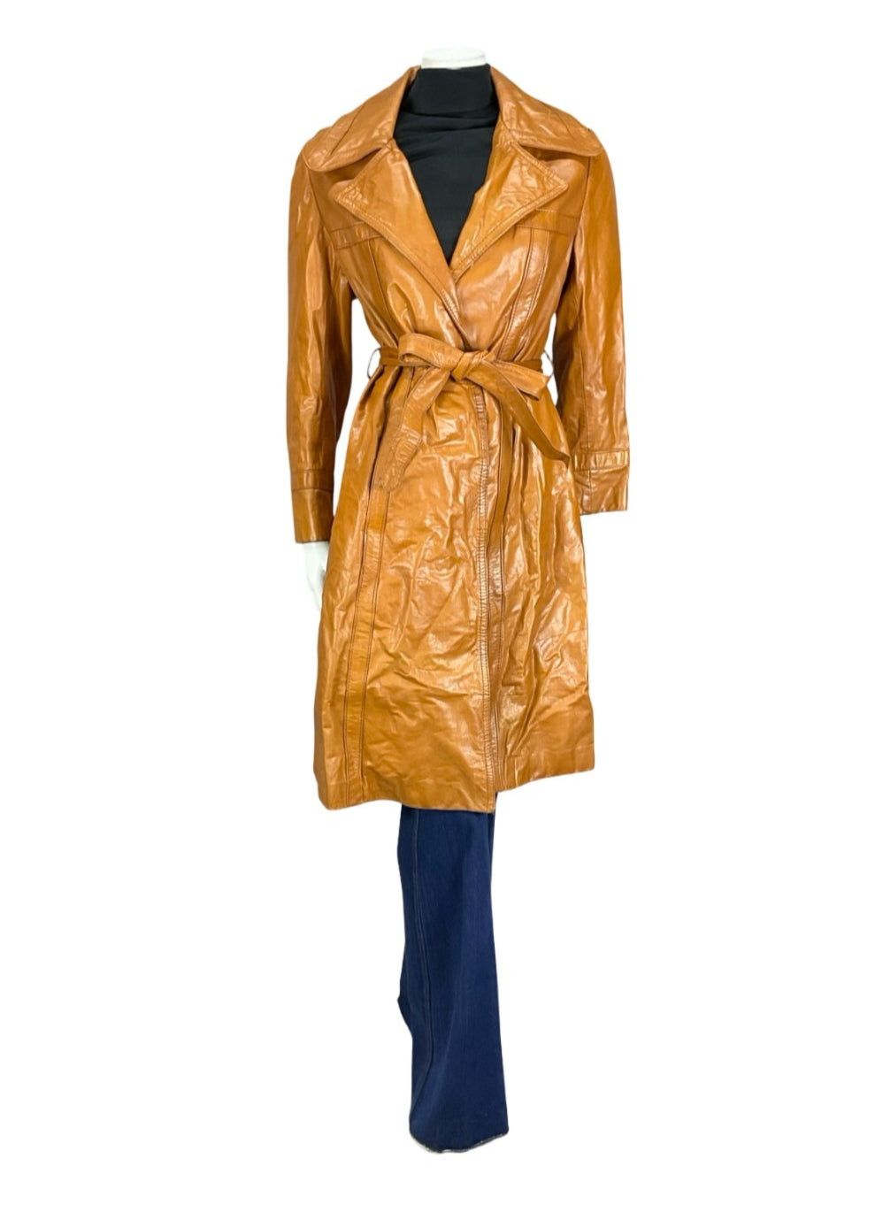 VTG 60S 70S TAN BROWN LEATHER NOTCH LAPEL OPEN WRAP TIE WAIST JACKET 12