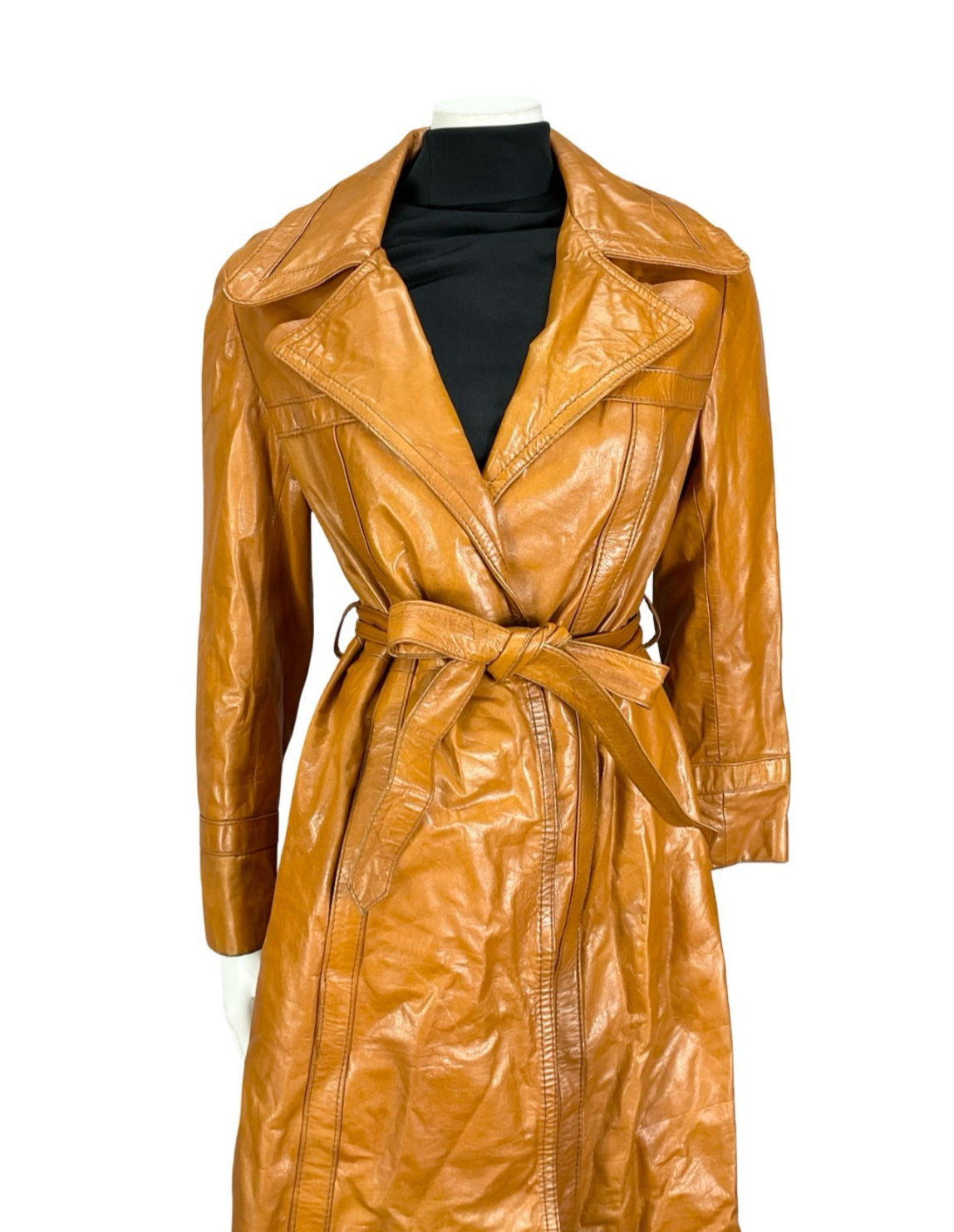 VTG 60S 70S TAN BROWN LEATHER NOTCH LAPEL OPEN WRAP TIE WAIST JACKET 12