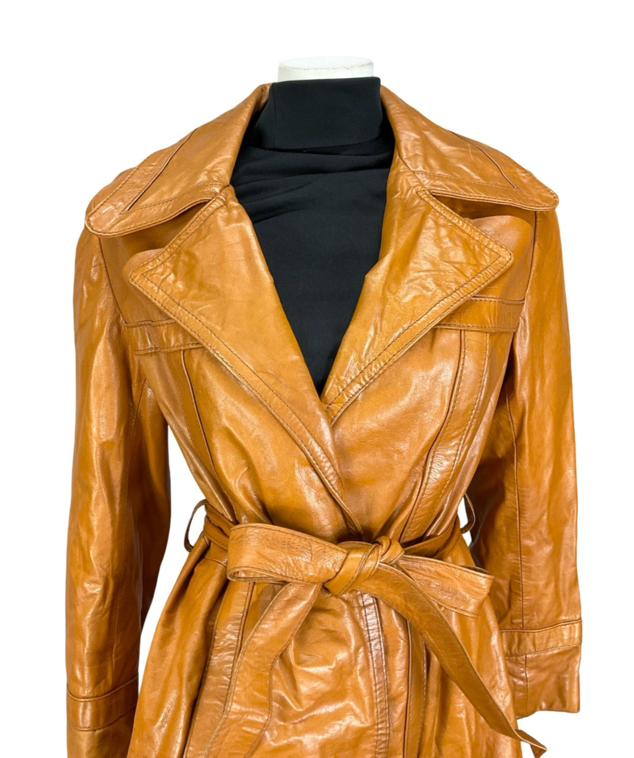 VTG 60S 70S TAN BROWN LEATHER NOTCH LAPEL OPEN WRAP TIE WAIST JACKET 12