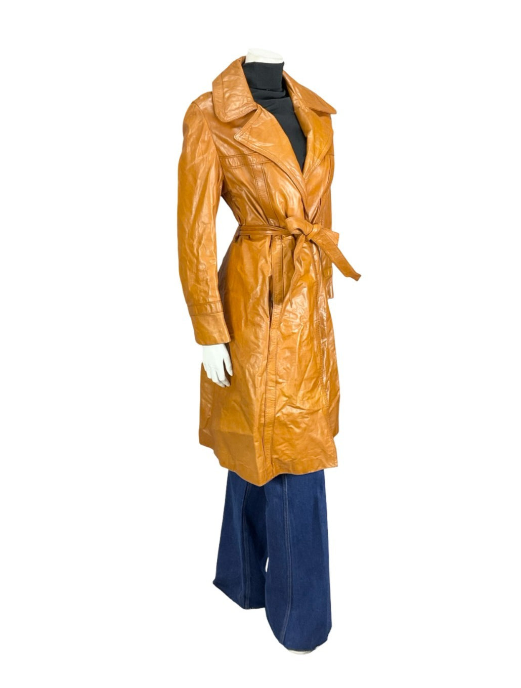 VTG 60S 70S TAN BROWN LEATHER NOTCH LAPEL OPEN WRAP TIE WAIST JACKET 12