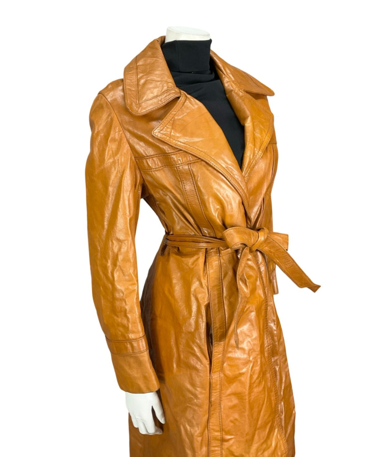VTG 60S 70S TAN BROWN LEATHER NOTCH LAPEL OPEN WRAP TIE WAIST JACKET 12