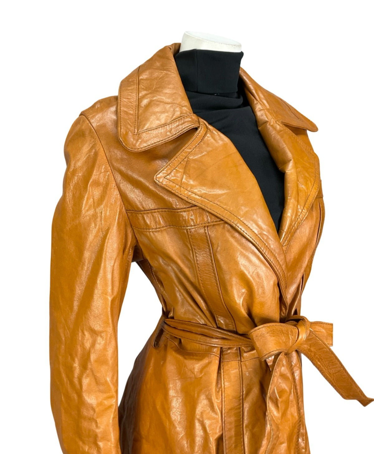 VTG 60S 70S TAN BROWN LEATHER NOTCH LAPEL OPEN WRAP TIE WAIST JACKET 12
