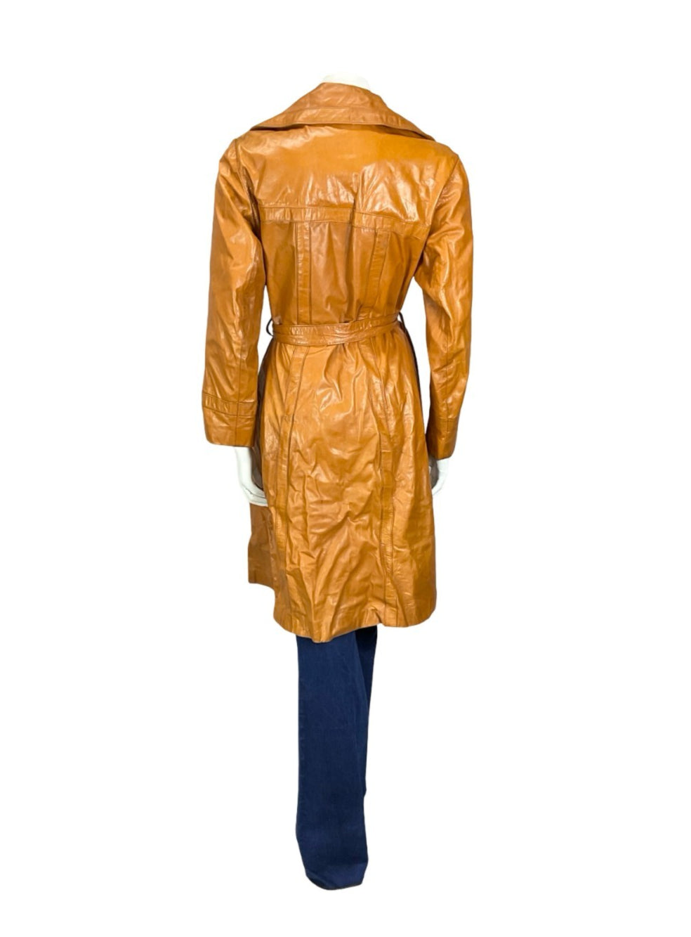 VTG 60S 70S TAN BROWN LEATHER NOTCH LAPEL OPEN WRAP TIE WAIST JACKET 12