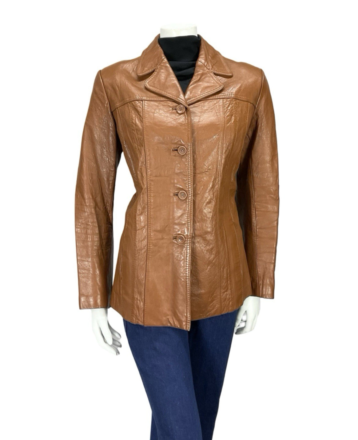 VTG 70S C&A TAN BROWN LEATHER NOTCH LAPEL JACKET WITH POCKETS 14