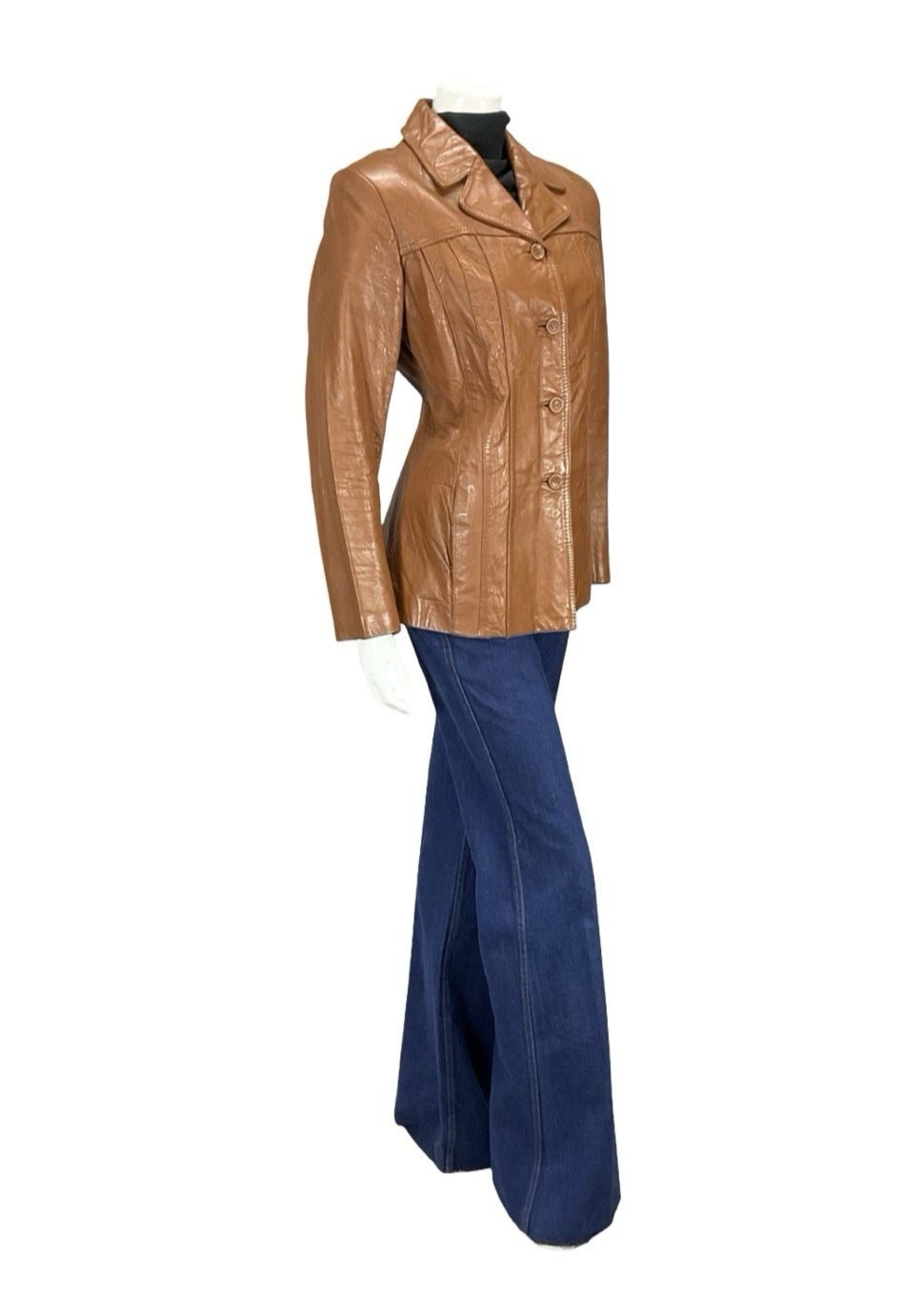 VTG 70S C&A TAN BROWN LEATHER NOTCH LAPEL JACKET WITH POCKETS 14