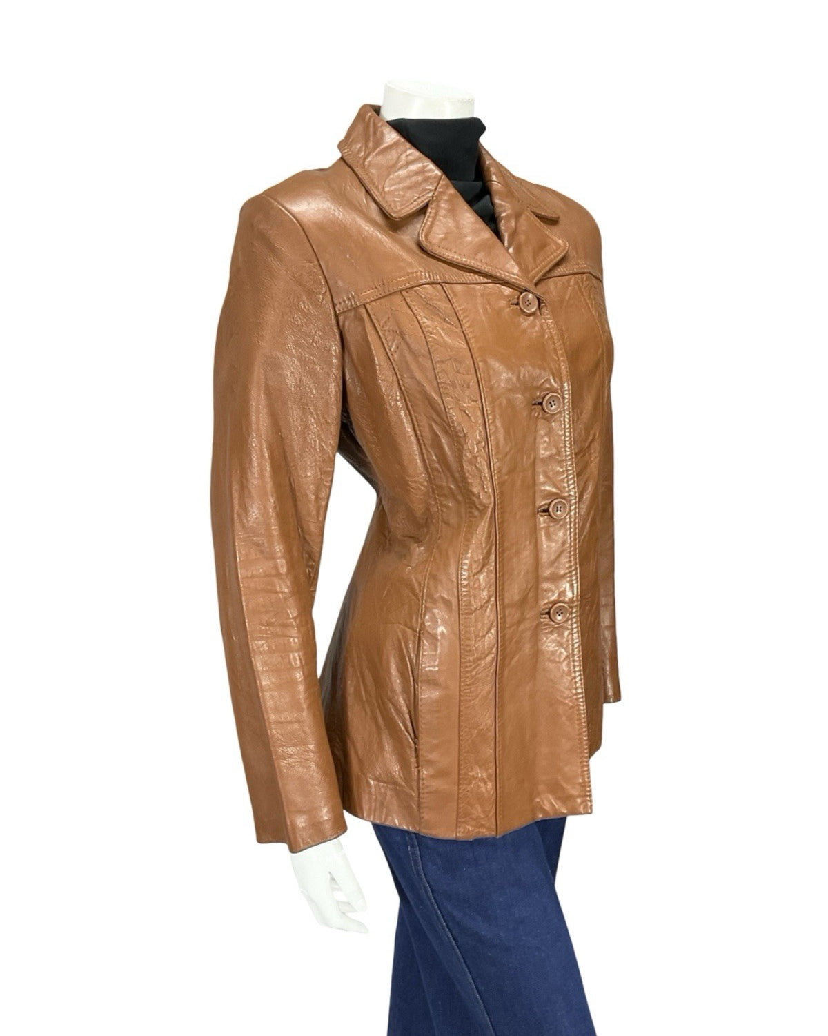 VTG 70S C&A TAN BROWN LEATHER NOTCH LAPEL JACKET WITH POCKETS 14