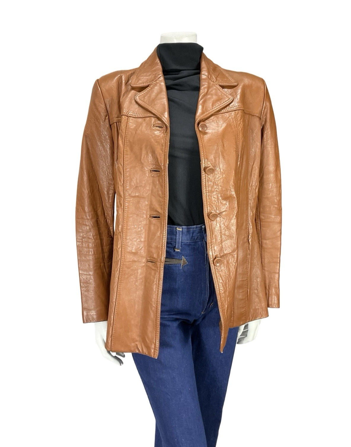 VTG 70S C&A TAN BROWN LEATHER NOTCH LAPEL JACKET WITH POCKETS 14