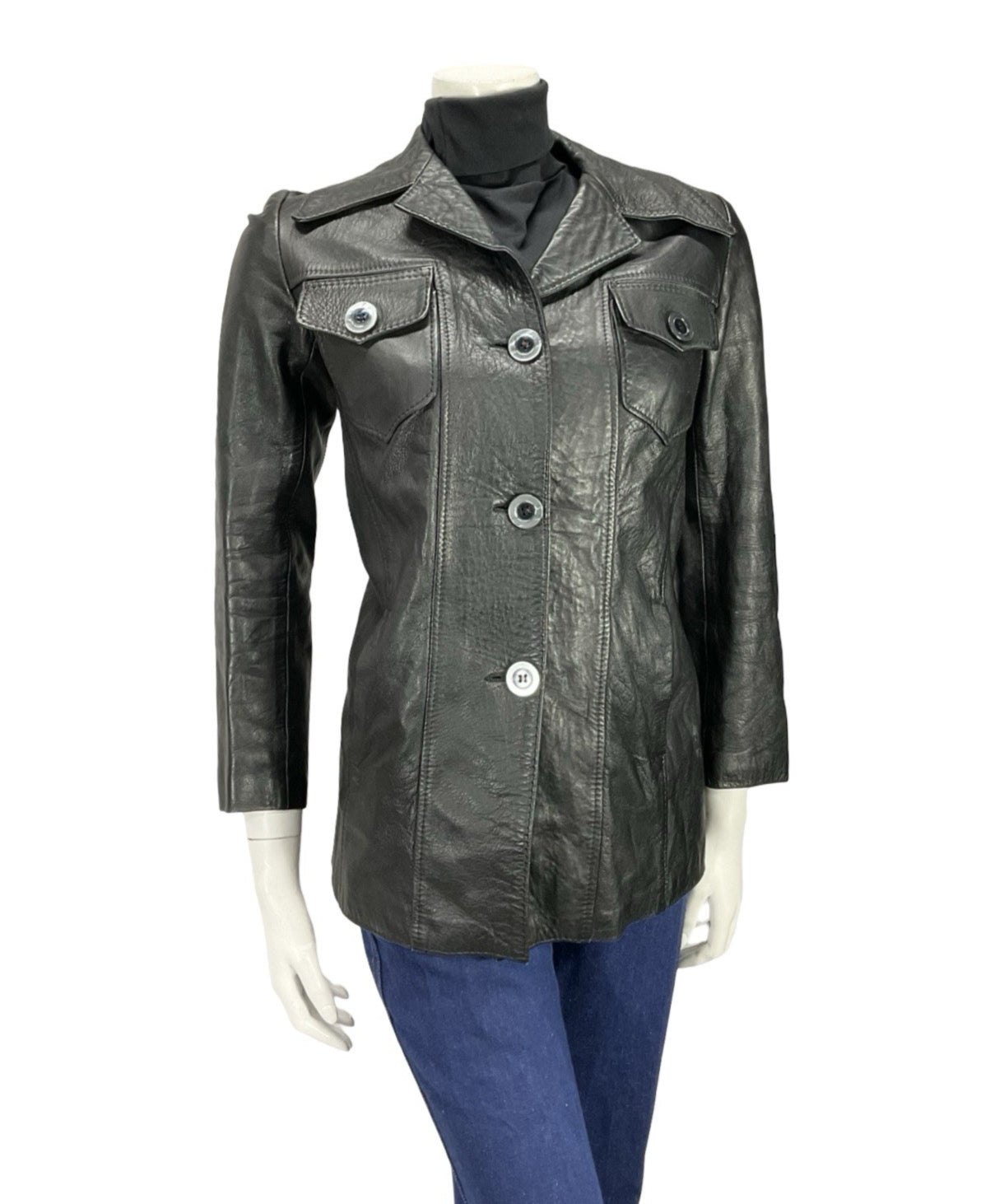 VTG 60S 70S JET BLACK DAGGER NOTCH LAPEL BIKER MOD PUNK LEATHER JACKET 10