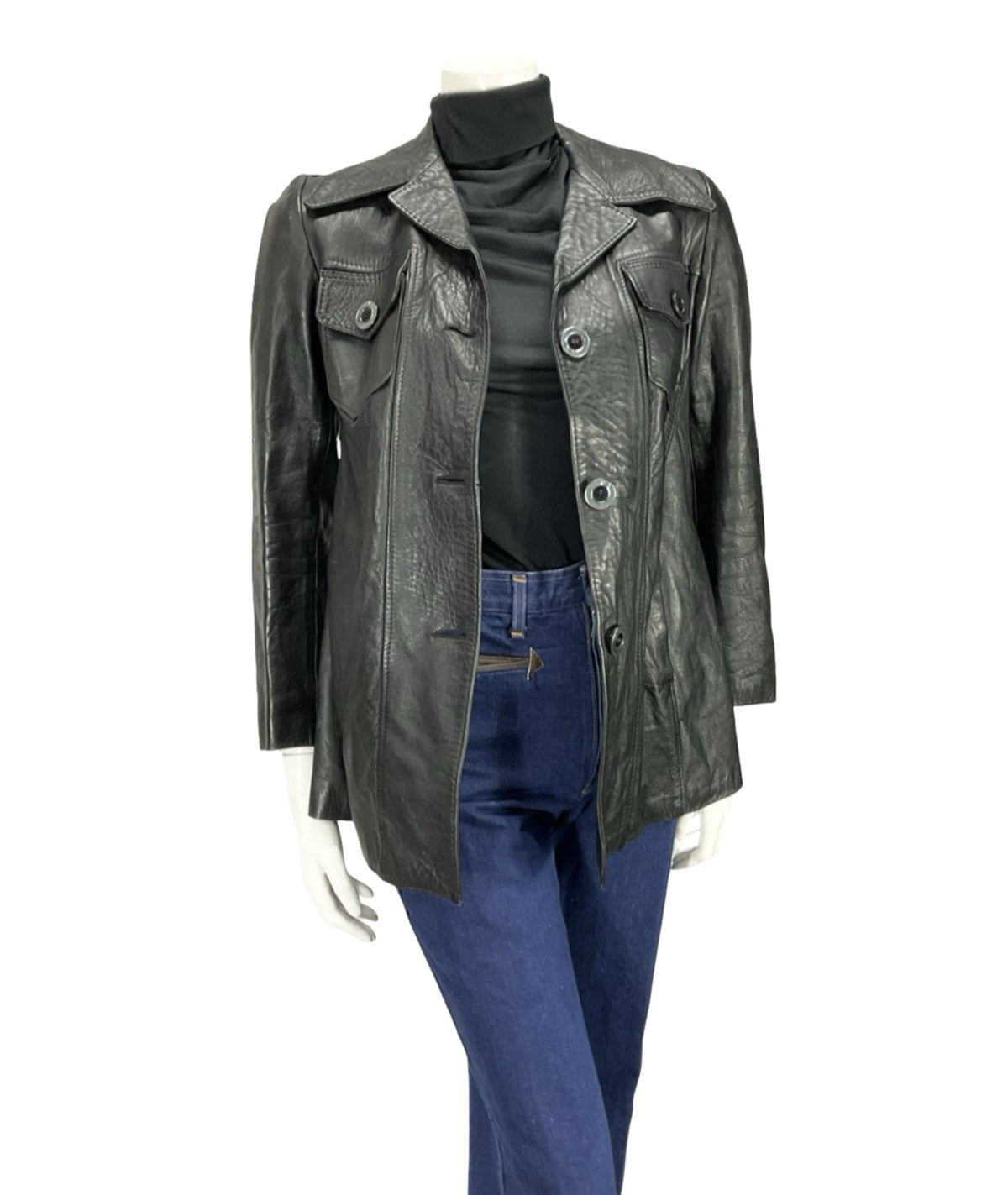 VTG 60S 70S JET BLACK DAGGER NOTCH LAPEL BIKER MOD PUNK LEATHER JACKET 10