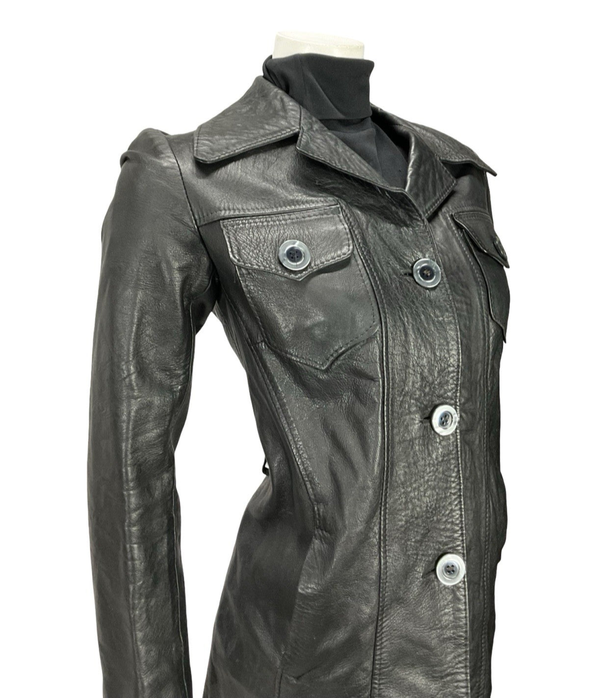 VTG 60S 70S JET BLACK DAGGER NOTCH LAPEL BIKER MOD PUNK LEATHER JACKET 10
