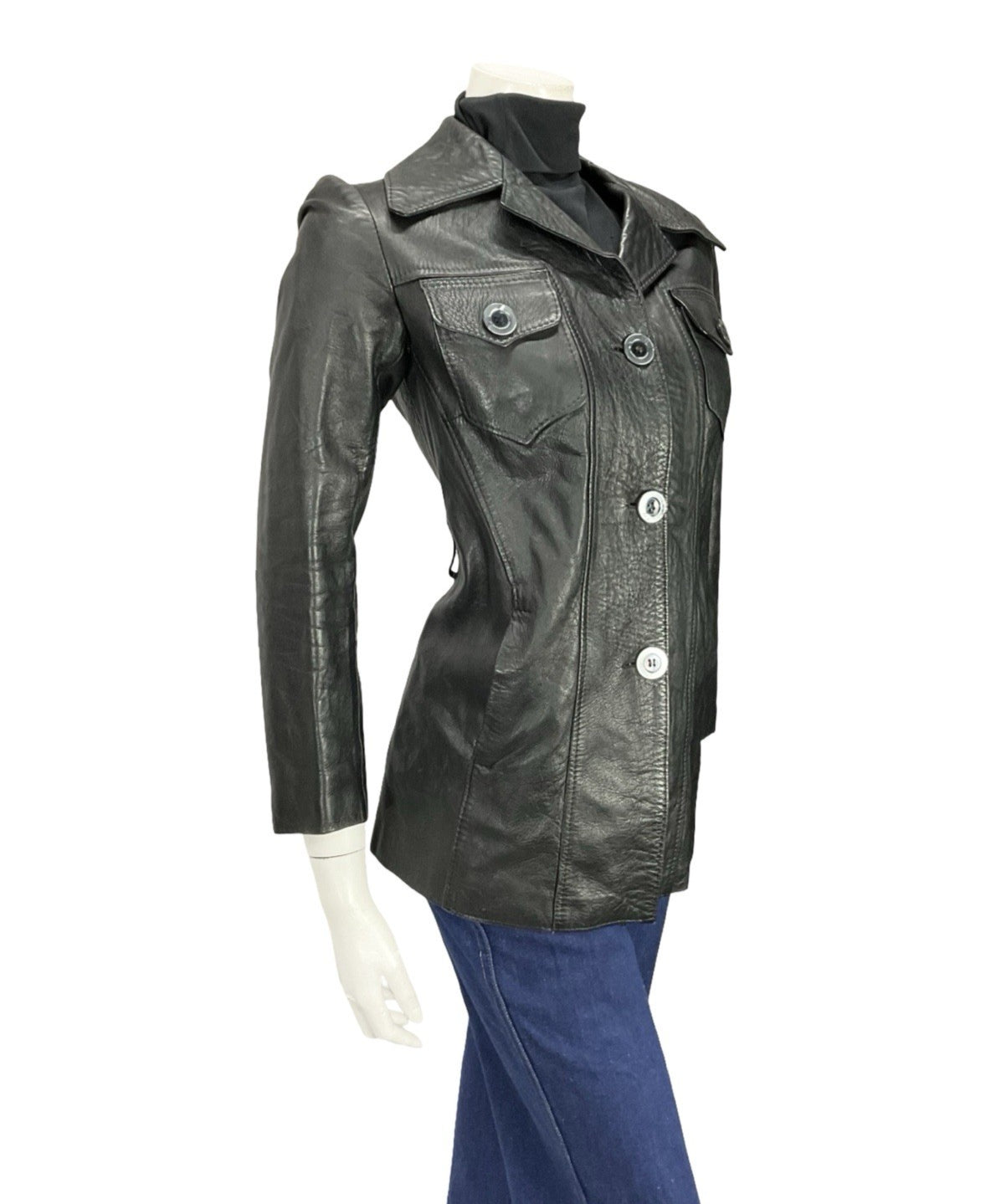 VTG 60S 70S JET BLACK DAGGER NOTCH LAPEL BIKER MOD PUNK LEATHER JACKET 10