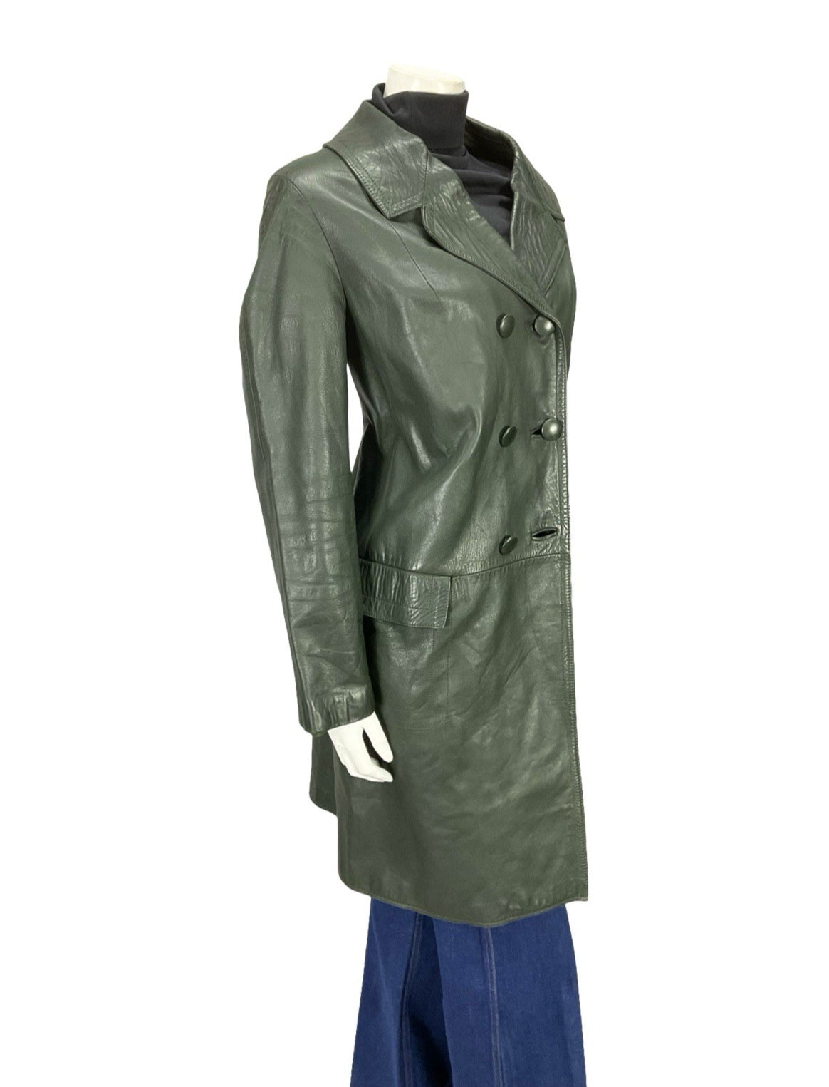 VTG 60S 70S DARK GREEN LEATHER MOD TAILORED BLAZER DOUBLE BREASTED JACKET 16