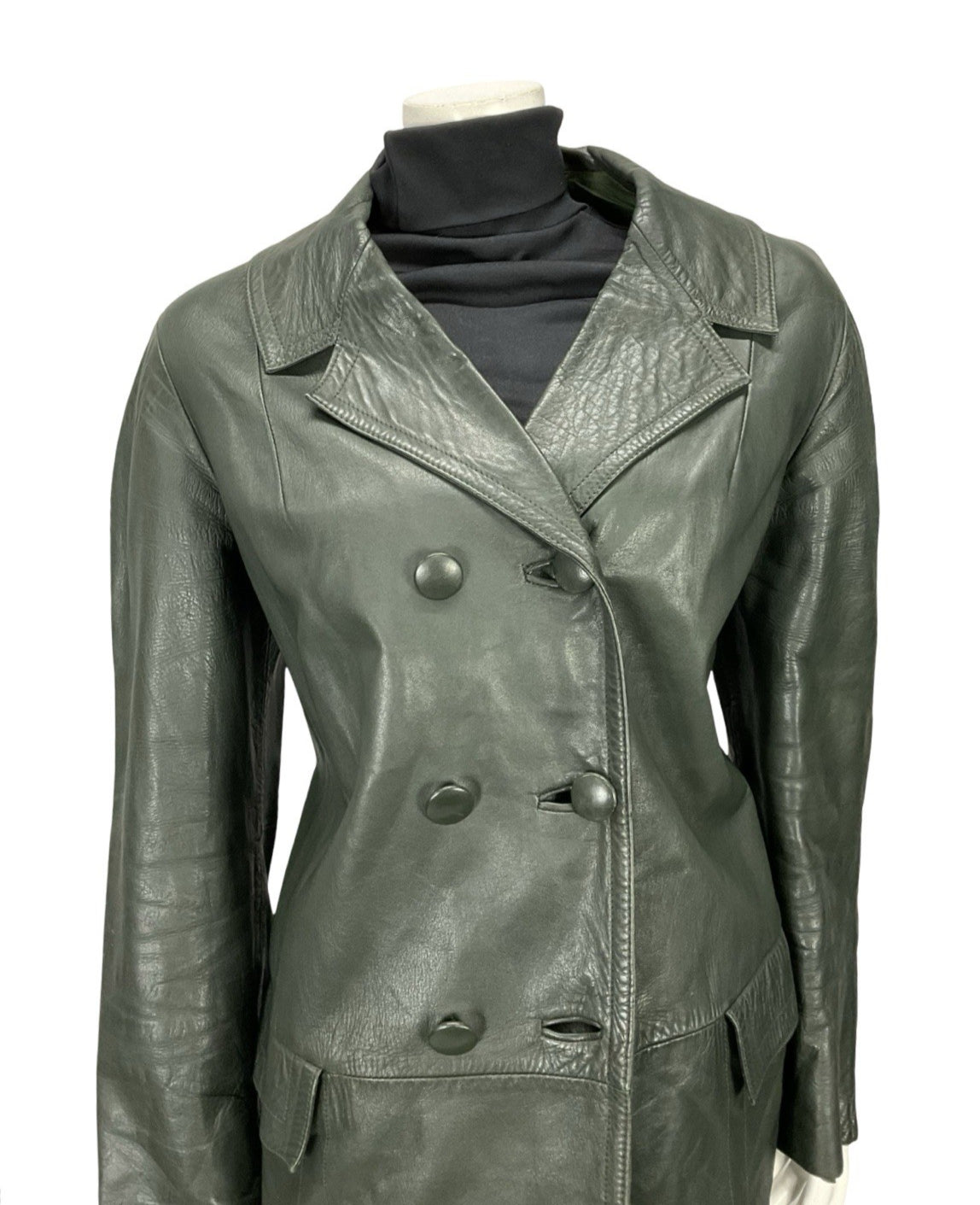 VTG 60S 70S DARK GREEN LEATHER MOD TAILORED BLAZER DOUBLE BREASTED JACKET 16