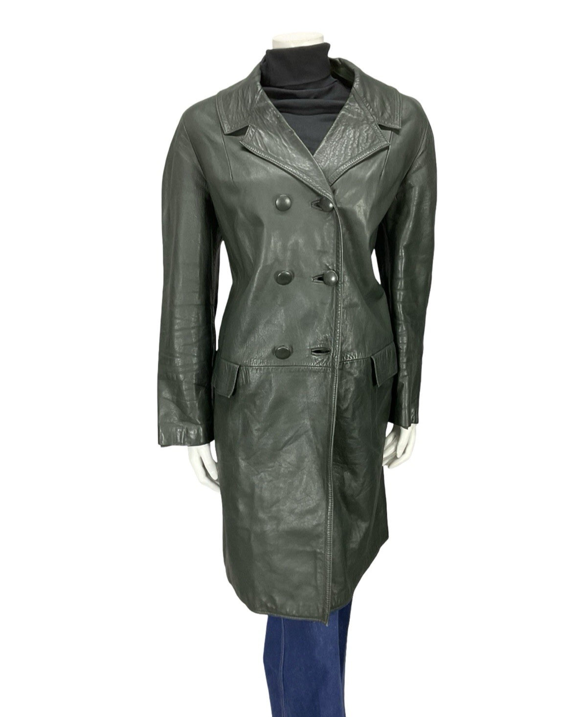 VTG 60S 70S DARK GREEN LEATHER MOD TAILORED BLAZER DOUBLE BREASTED JACKET 16