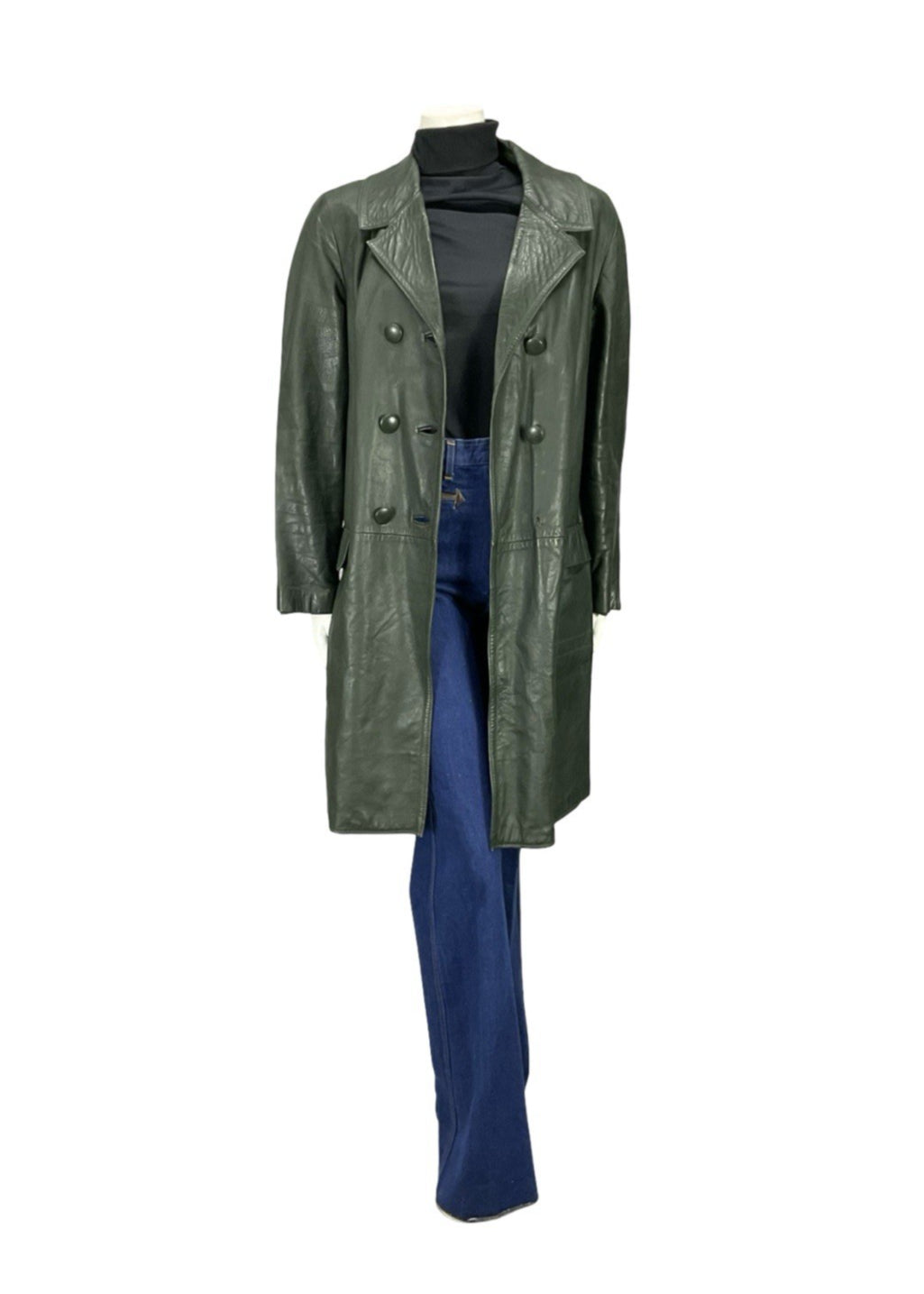 VTG 60S 70S DARK GREEN LEATHER MOD TAILORED BLAZER DOUBLE BREASTED JACKET 16
