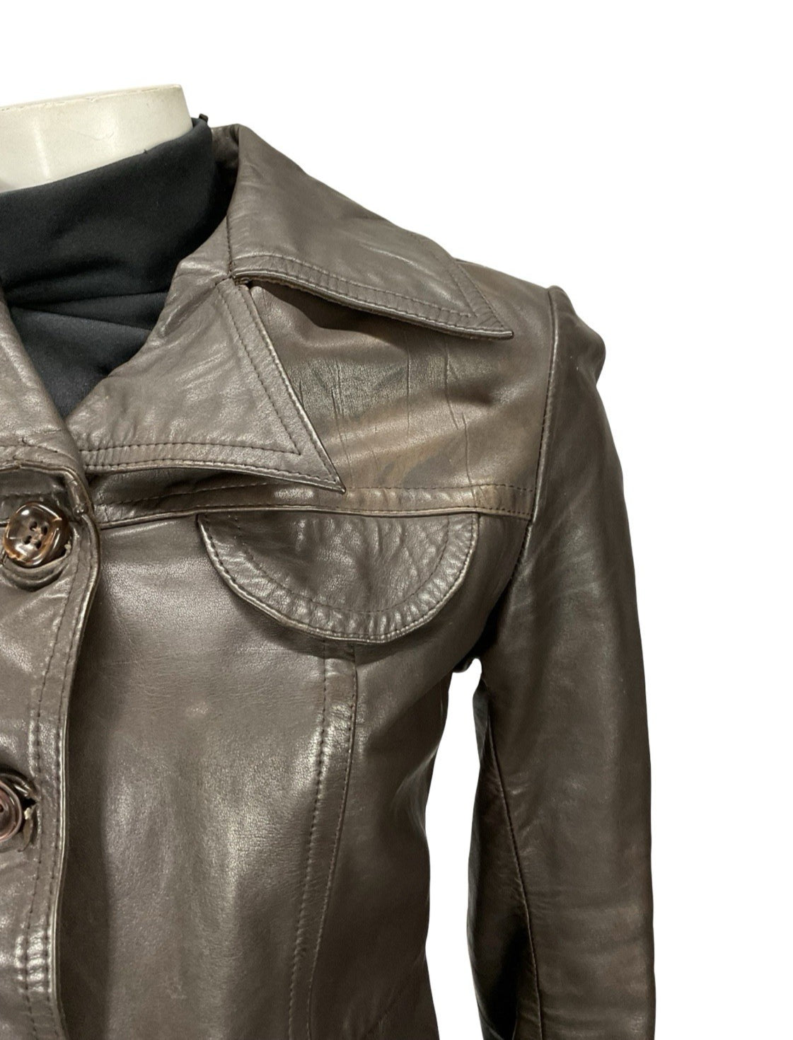 VTG 60S 70S DARK BROWN LEATHER DAGGER NOTCH LAPEL COLLAR SEAM POCKET JACKET 10