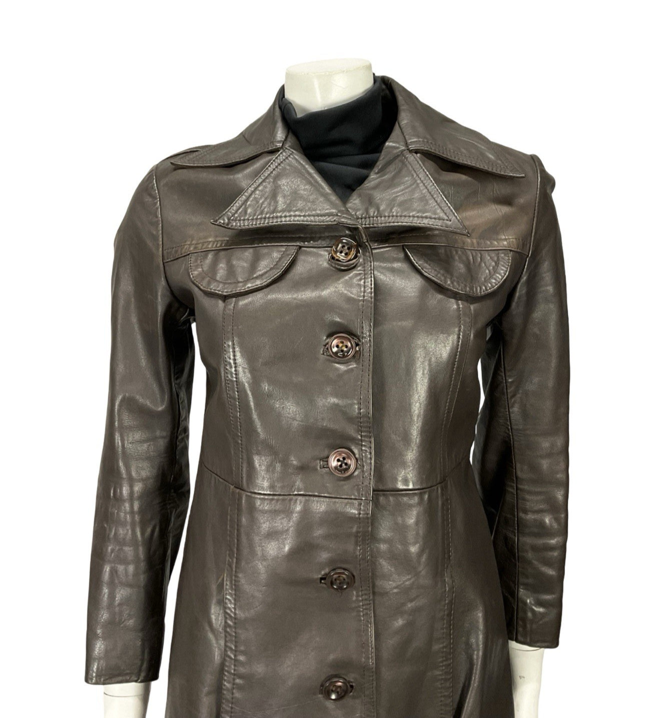 VTG 60S 70S DARK BROWN LEATHER DAGGER NOTCH LAPEL COLLAR SEAM POCKET JACKET 10