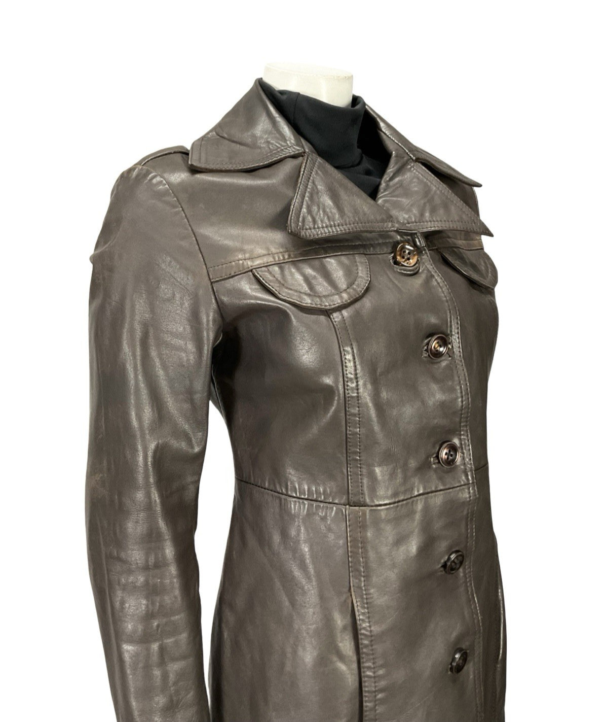 VTG 60S 70S DARK BROWN LEATHER DAGGER NOTCH LAPEL COLLAR SEAM POCKET JACKET 10