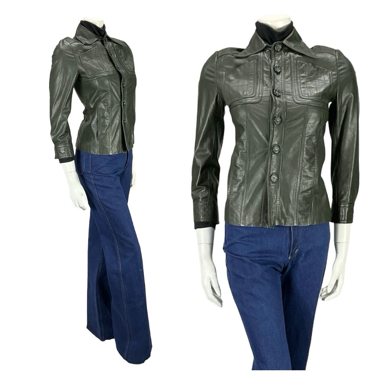 VTG 60s 70S MOD DARK GREEN NAPPA LEATHER DAGGER COLLAR LEATHER JACKET XS 4