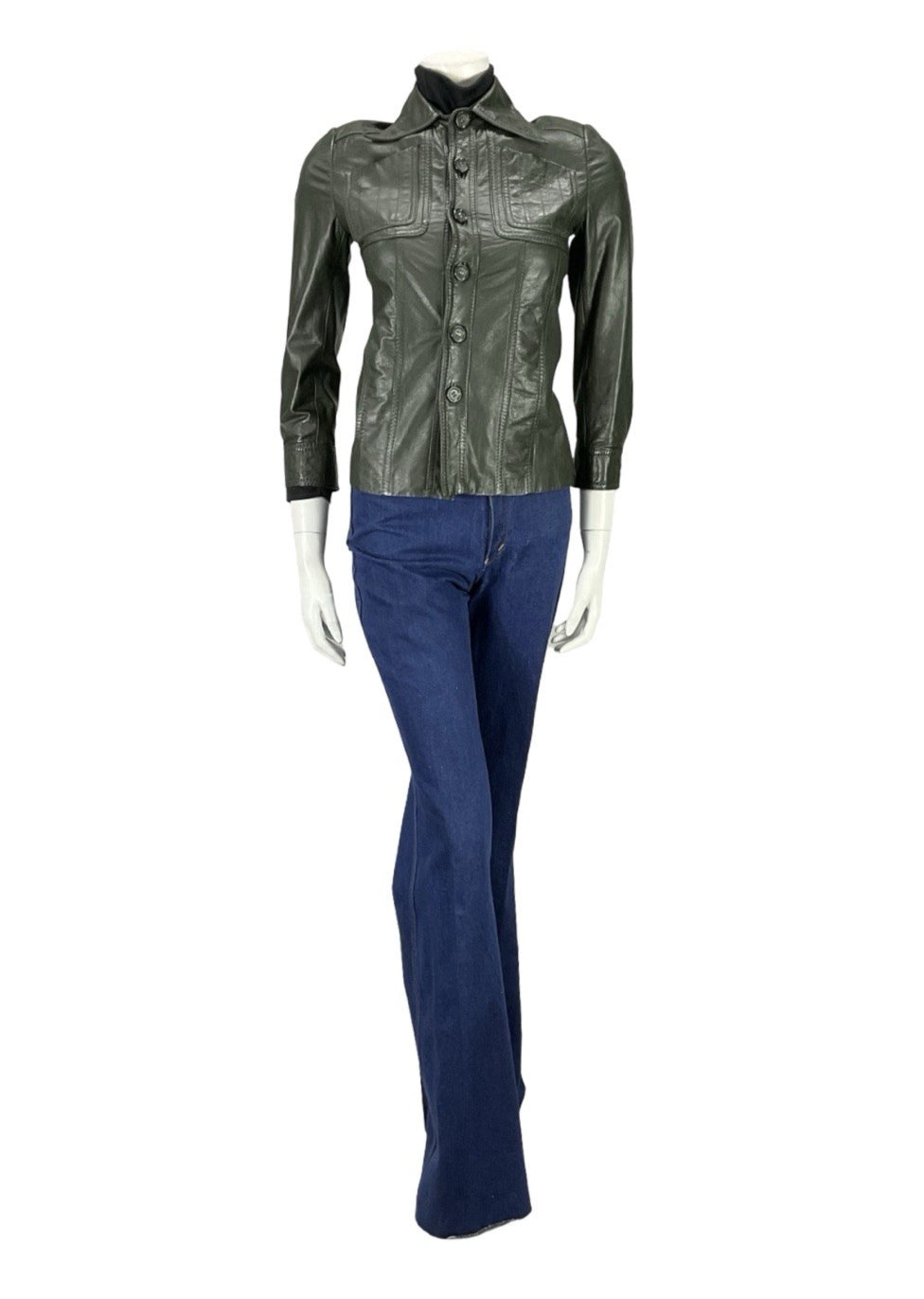 VTG 60s 70S MOD DARK GREEN NAPPA LEATHER DAGGER COLLAR LEATHER JACKET XS 4