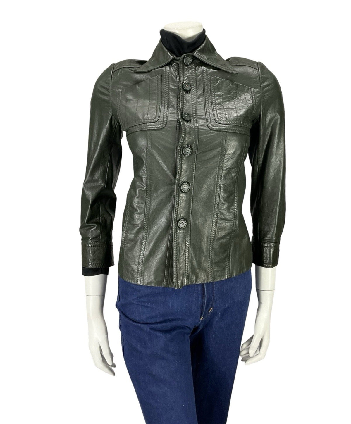 VTG 60s 70S MOD DARK GREEN NAPPA LEATHER DAGGER COLLAR LEATHER JACKET XS 4