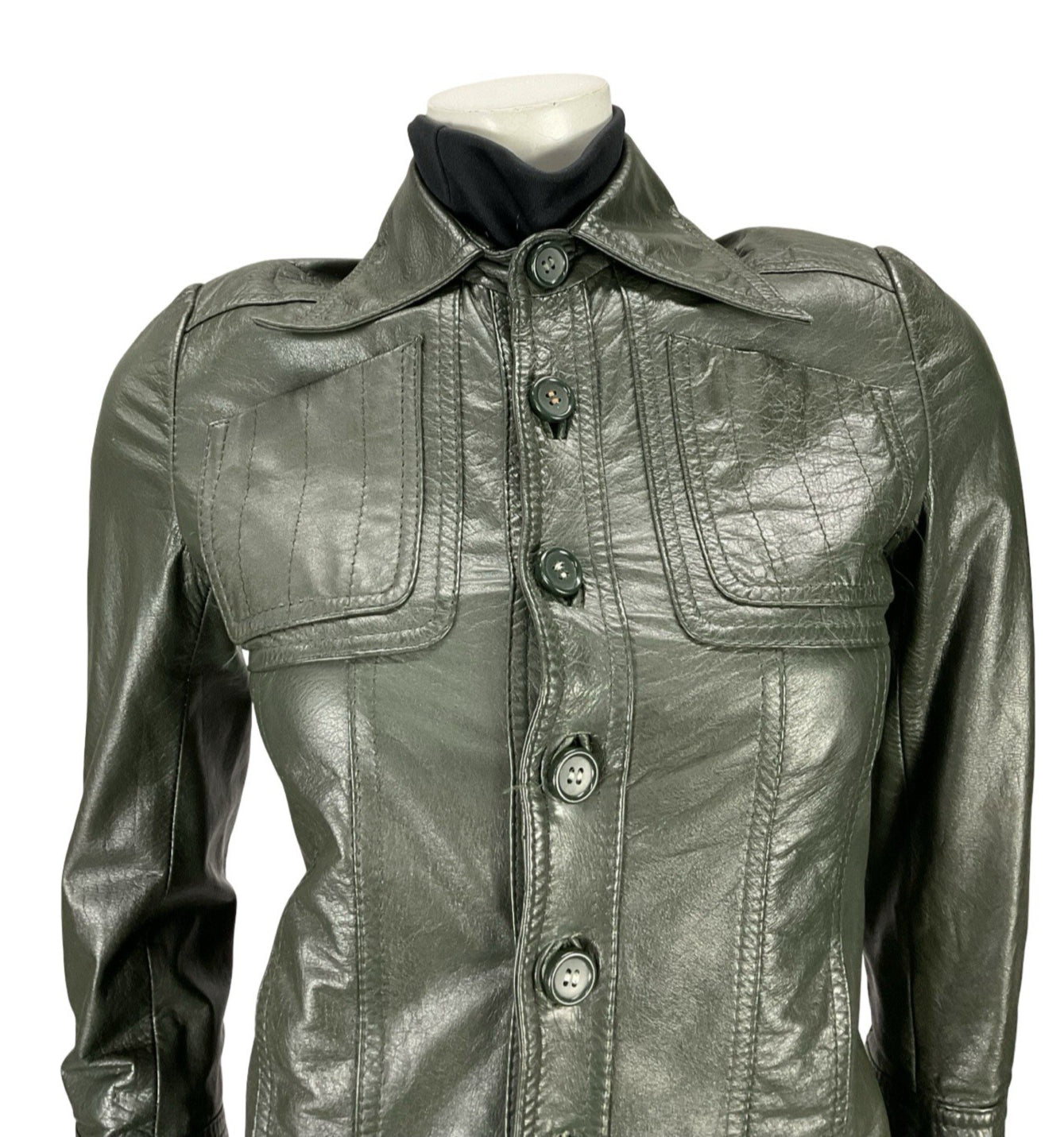 VTG 60s 70S MOD DARK GREEN NAPPA LEATHER DAGGER COLLAR LEATHER JACKET XS 4
