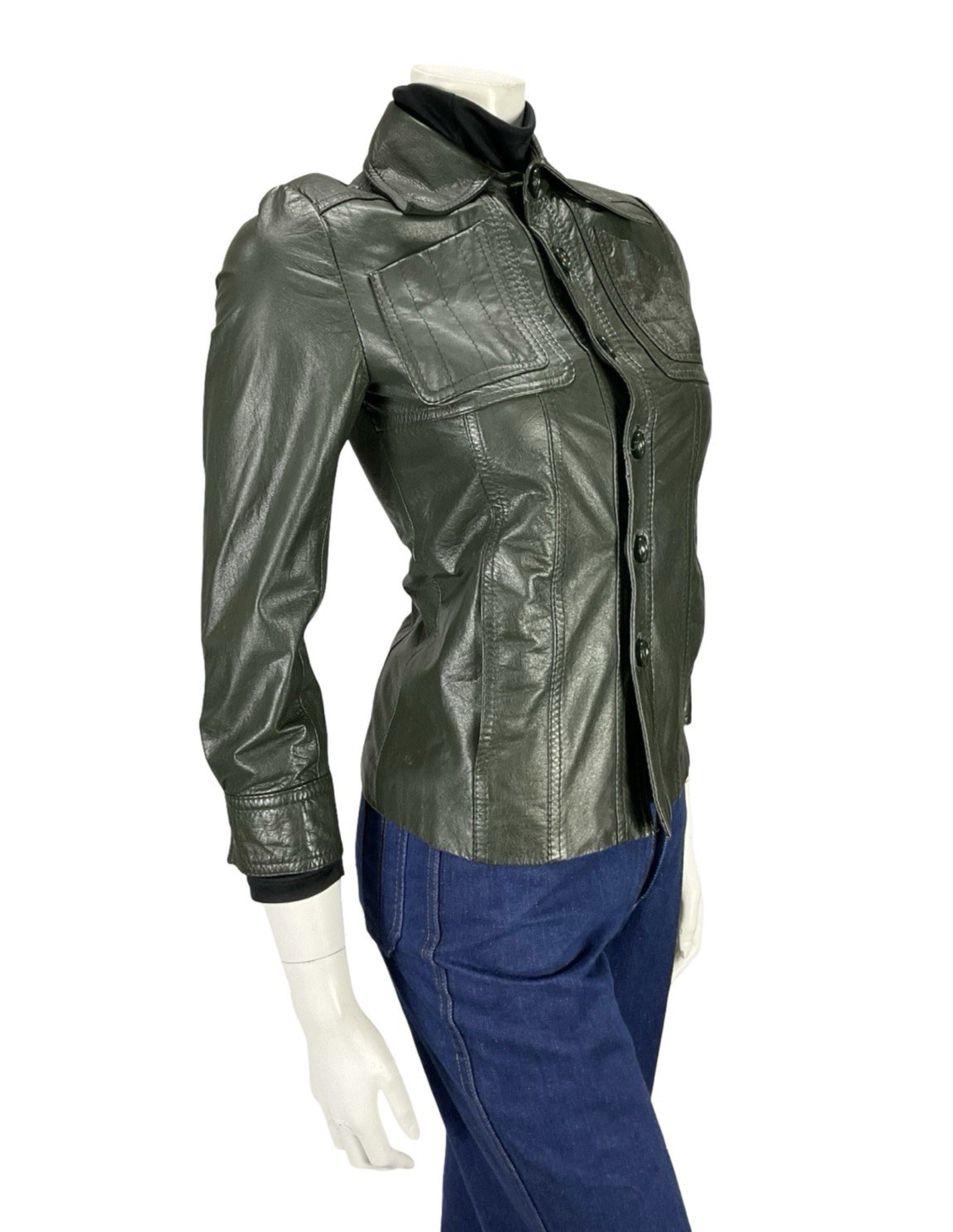 VTG 60s 70S MOD DARK GREEN NAPPA LEATHER DAGGER COLLAR LEATHER JACKET XS 4