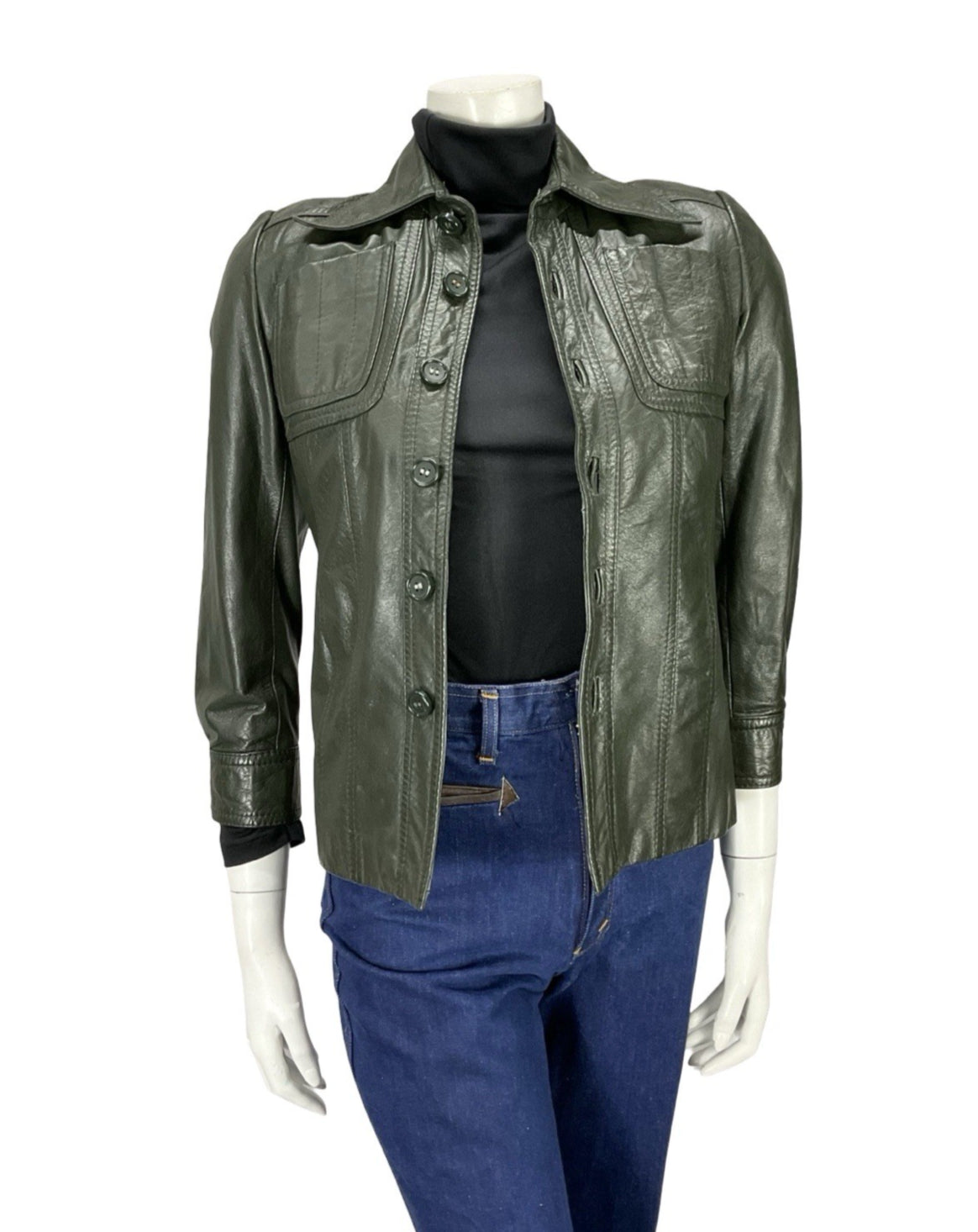VTG 60s 70S MOD DARK GREEN NAPPA LEATHER DAGGER COLLAR LEATHER JACKET XS 4