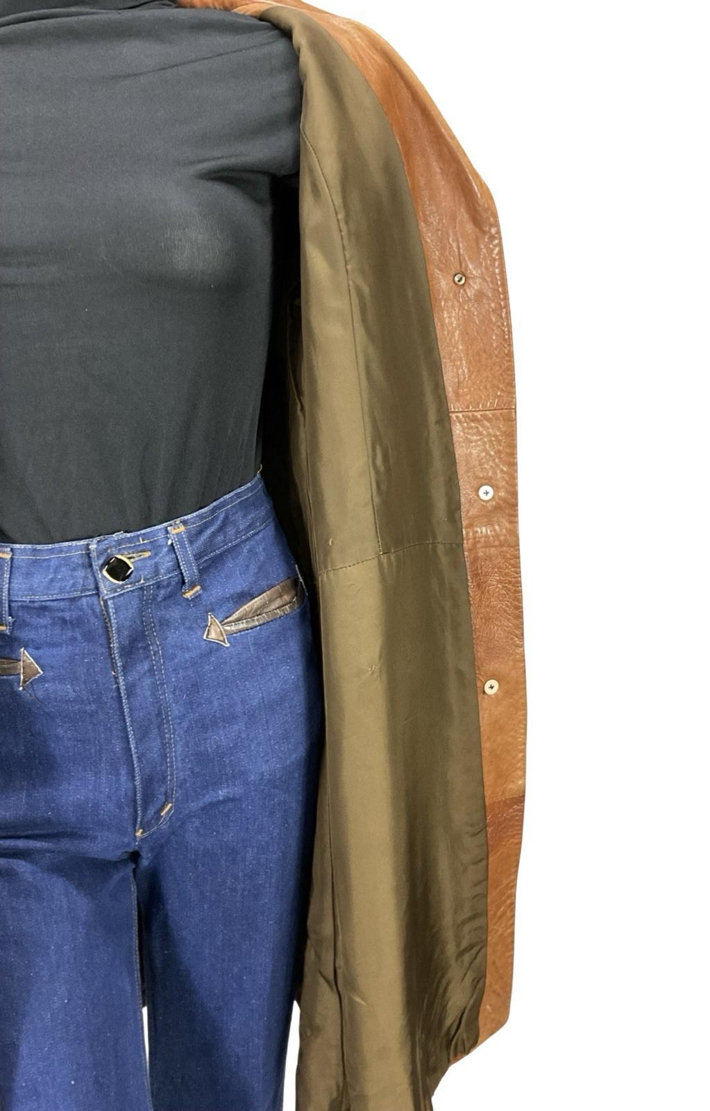 VTG 60S 70S SOFT BROWN LEATHER NOTHC LAPEL CROPPED SLEEVE MOD JACKET 10