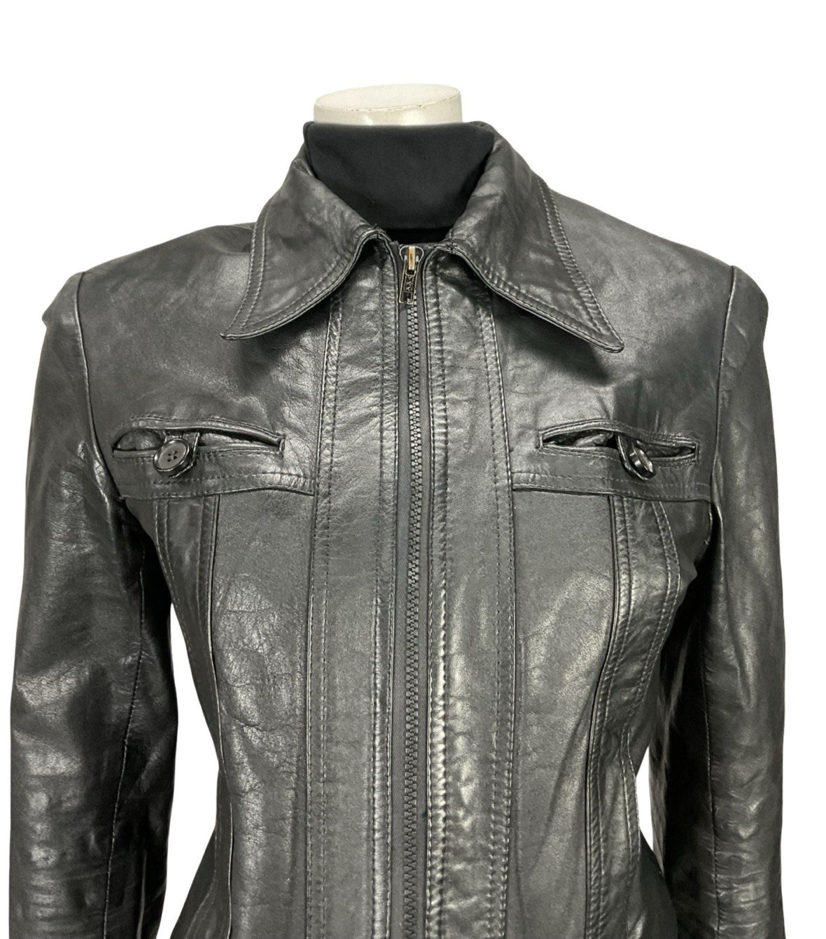 VTG 70S JET BLACK DAGGER COLLAR WELT POCKET ZIP UP LEATHER PUNK JACKET 10 12