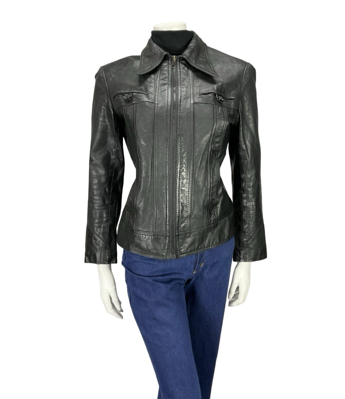 VTG 70S JET BLACK DAGGER COLLAR WELT POCKET ZIP UP LEATHER PUNK JACKET 10 12
