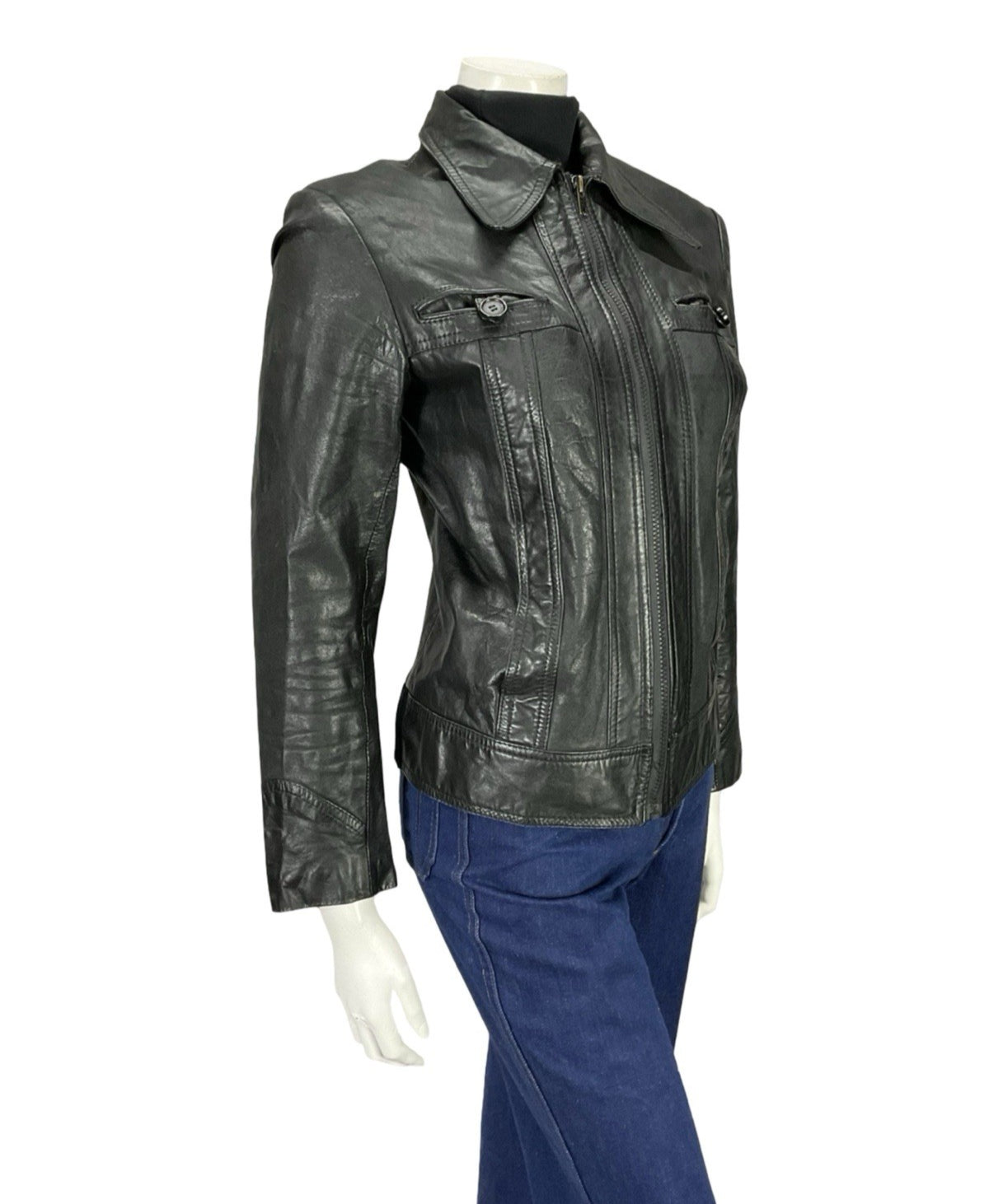 VTG 70S JET BLACK DAGGER COLLAR WELT POCKET ZIP UP LEATHER PUNK JACKET 10 12