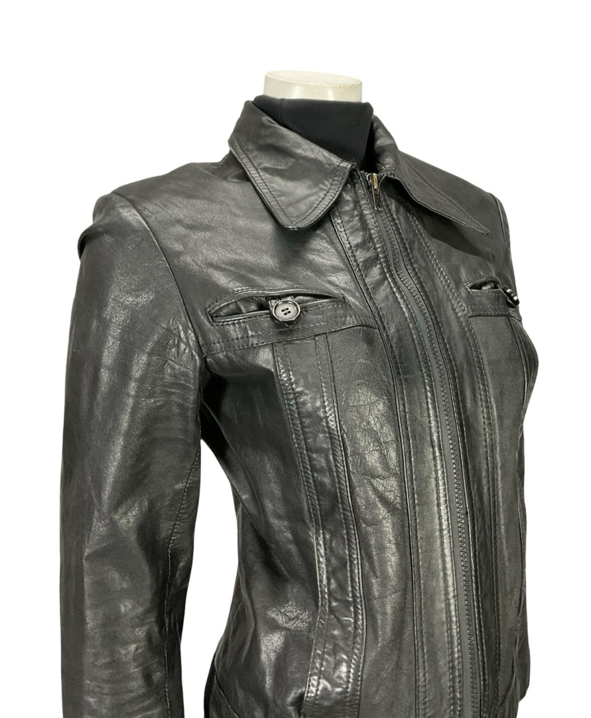 VTG 70S JET BLACK DAGGER COLLAR WELT POCKET ZIP UP LEATHER PUNK JACKET 10 12