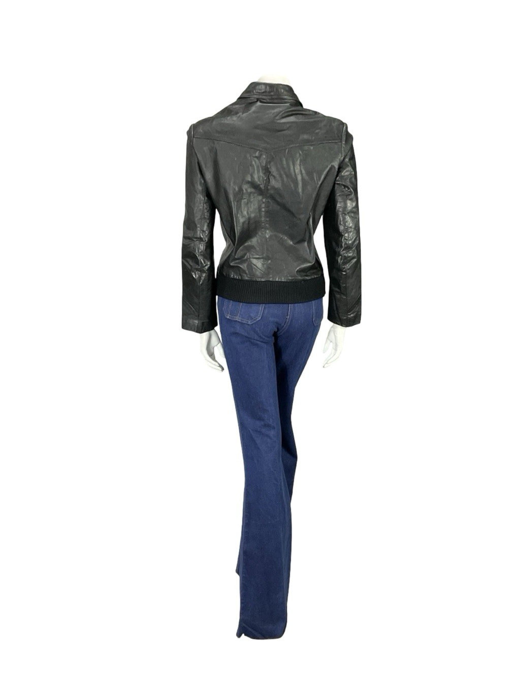 VTG 70S JET BLACK DAGGER COLLAR WELT POCKET ZIP UP LEATHER PUNK JACKET 10 12