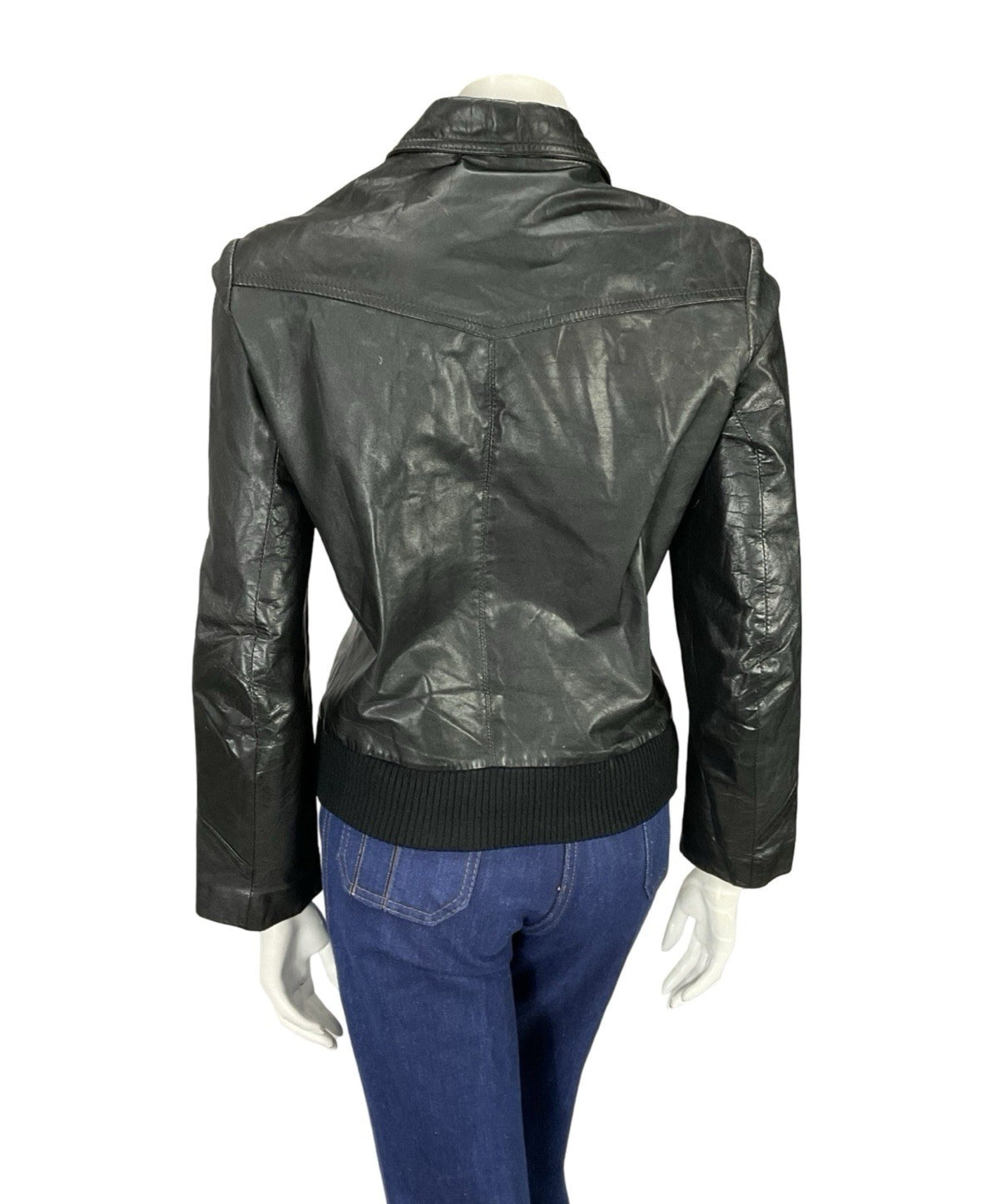 VTG 70S JET BLACK DAGGER COLLAR WELT POCKET ZIP UP LEATHER PUNK JACKET 10 12