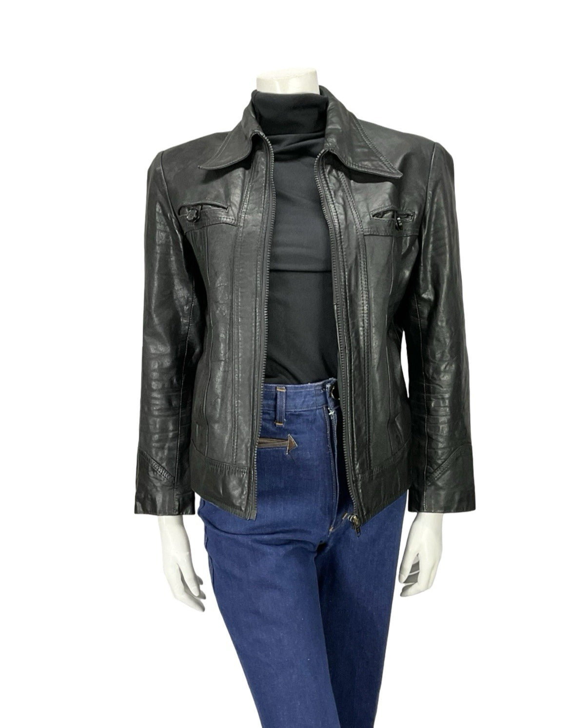 VTG 70S JET BLACK DAGGER COLLAR WELT POCKET ZIP UP LEATHER PUNK JACKET 10 12